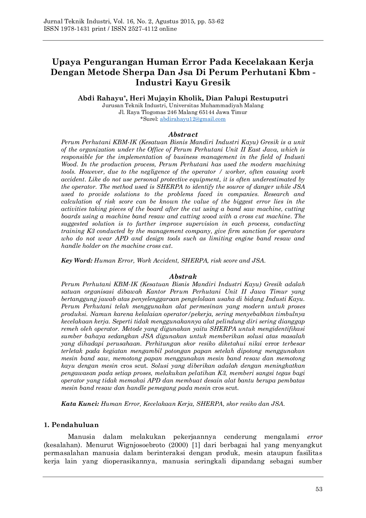 JURIS Upaya Pengurangan Human Error Pada Kecelakaan Kerja Dengan Metode Sherpa Dan Jsa Di Perum Perhutani KBM Industri Kayu Gresik