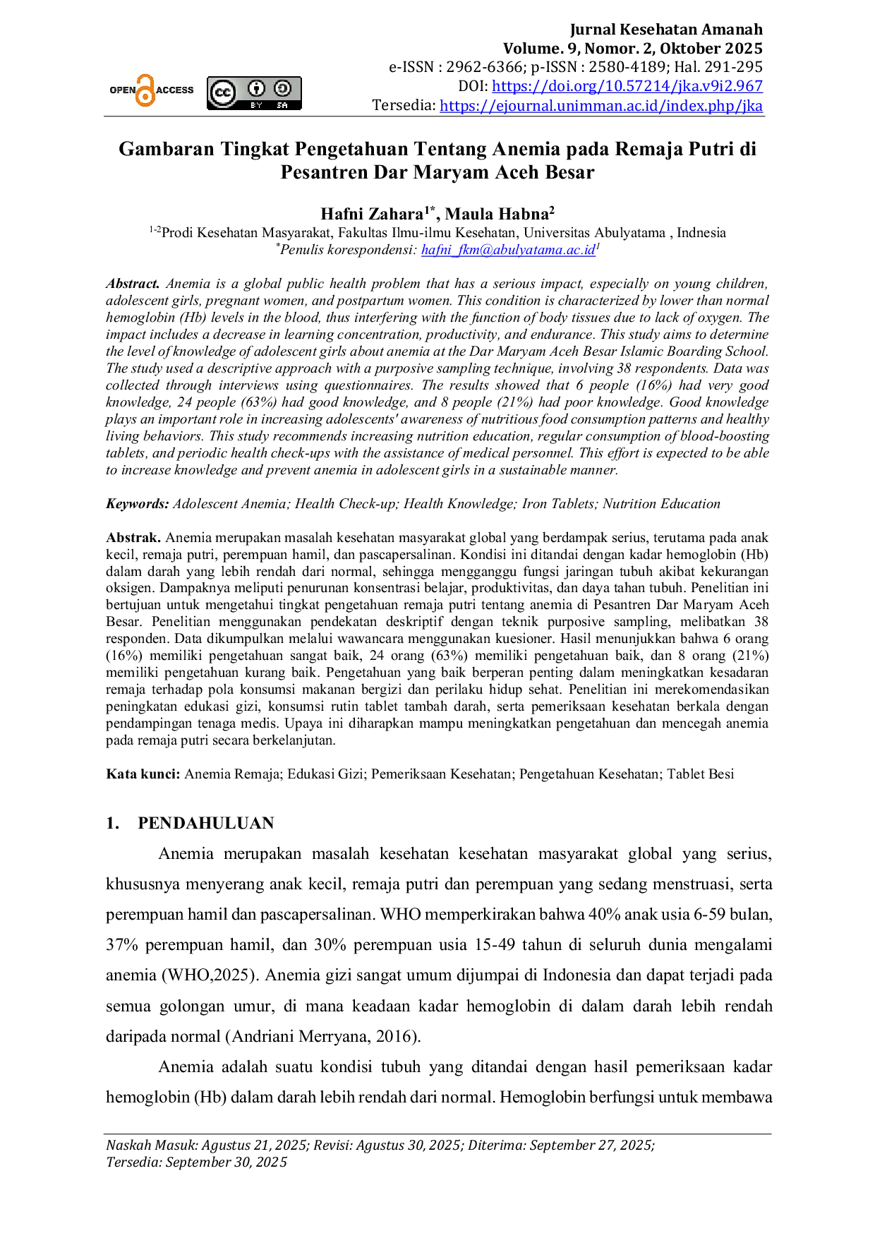 JURIS Gambaran Tingkat Pengetahuan Tentang Anemia pada Remaja Putri di Pesantren Dar Maryam Aceh Besar
