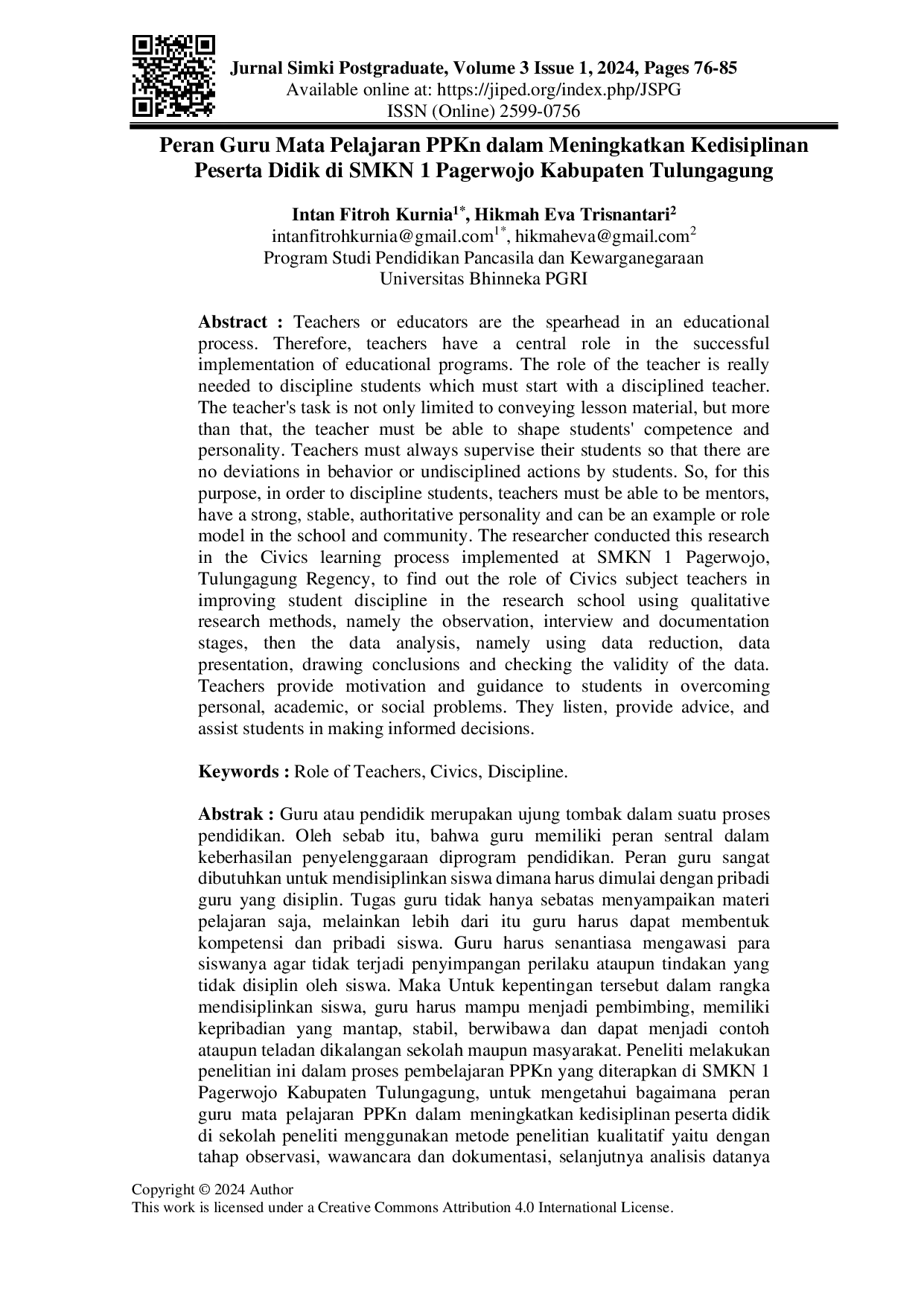 JURIS Peran Guru Mata Pelajaran PPKn dalam Meningkatkan Kedisiplinan Peserta Didik di SMKN 1 Pagerwojo Kabupaten Tulungagung