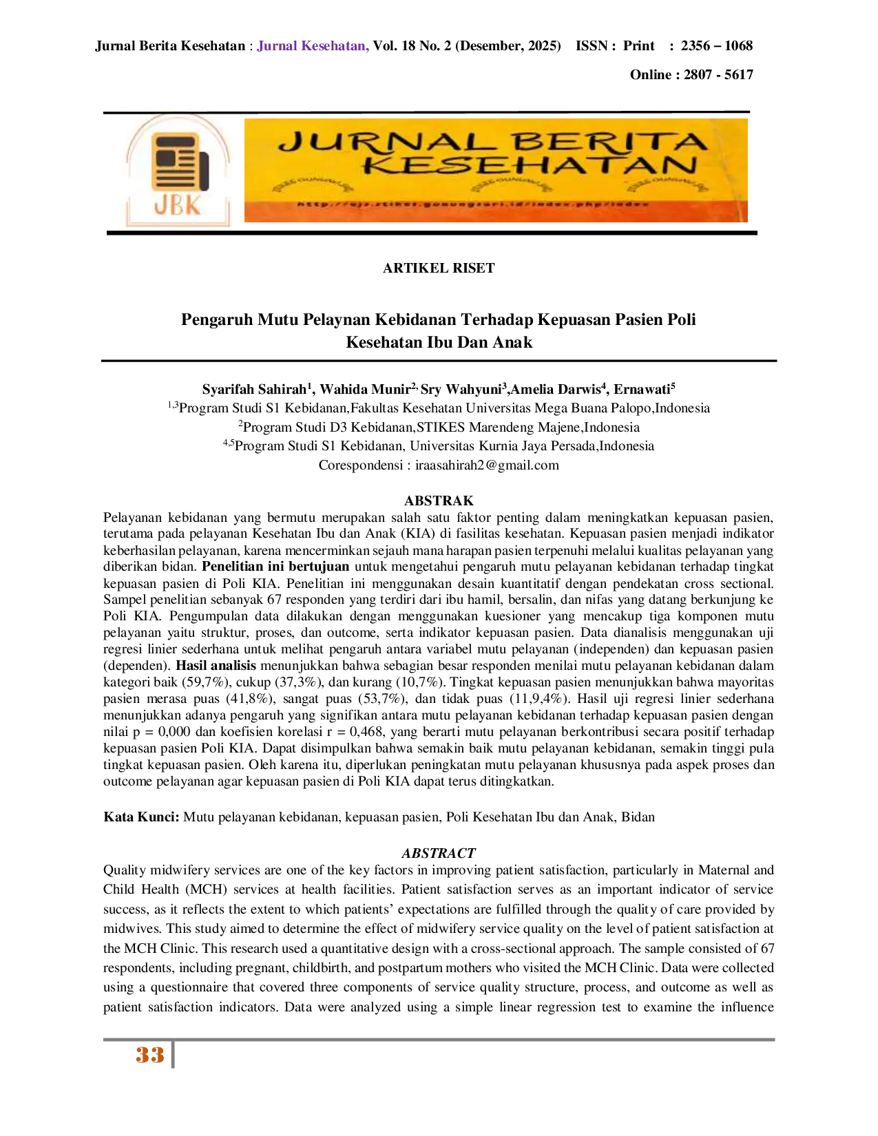JURIS Pengaruh Mutu Pelayanan Kebidanan Terhadap Kepuasan Pasien Poli Kesehatan Ibu Dan Anak