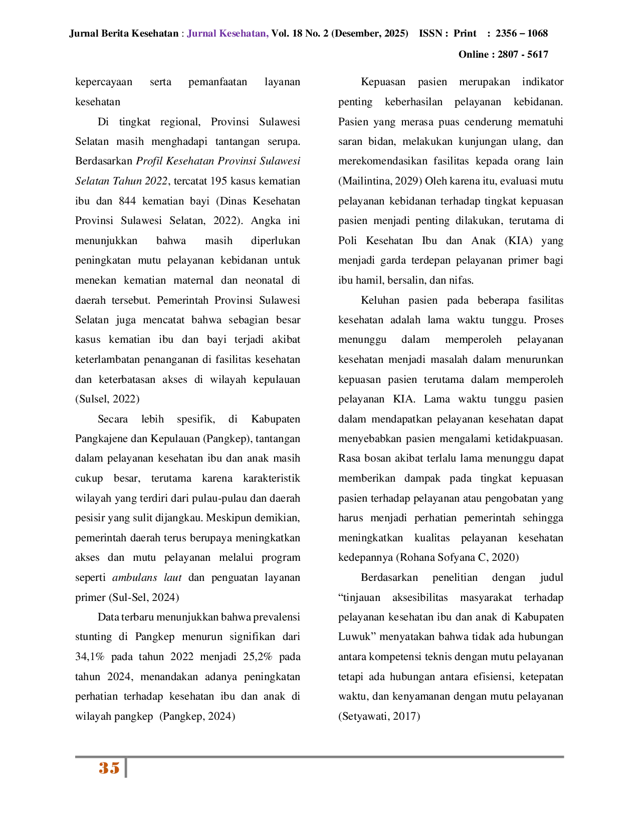 JURIS Pengaruh Mutu Pelayanan Kebidanan Terhadap Kepuasan Pasien Poli Kesehatan Ibu Dan Anak