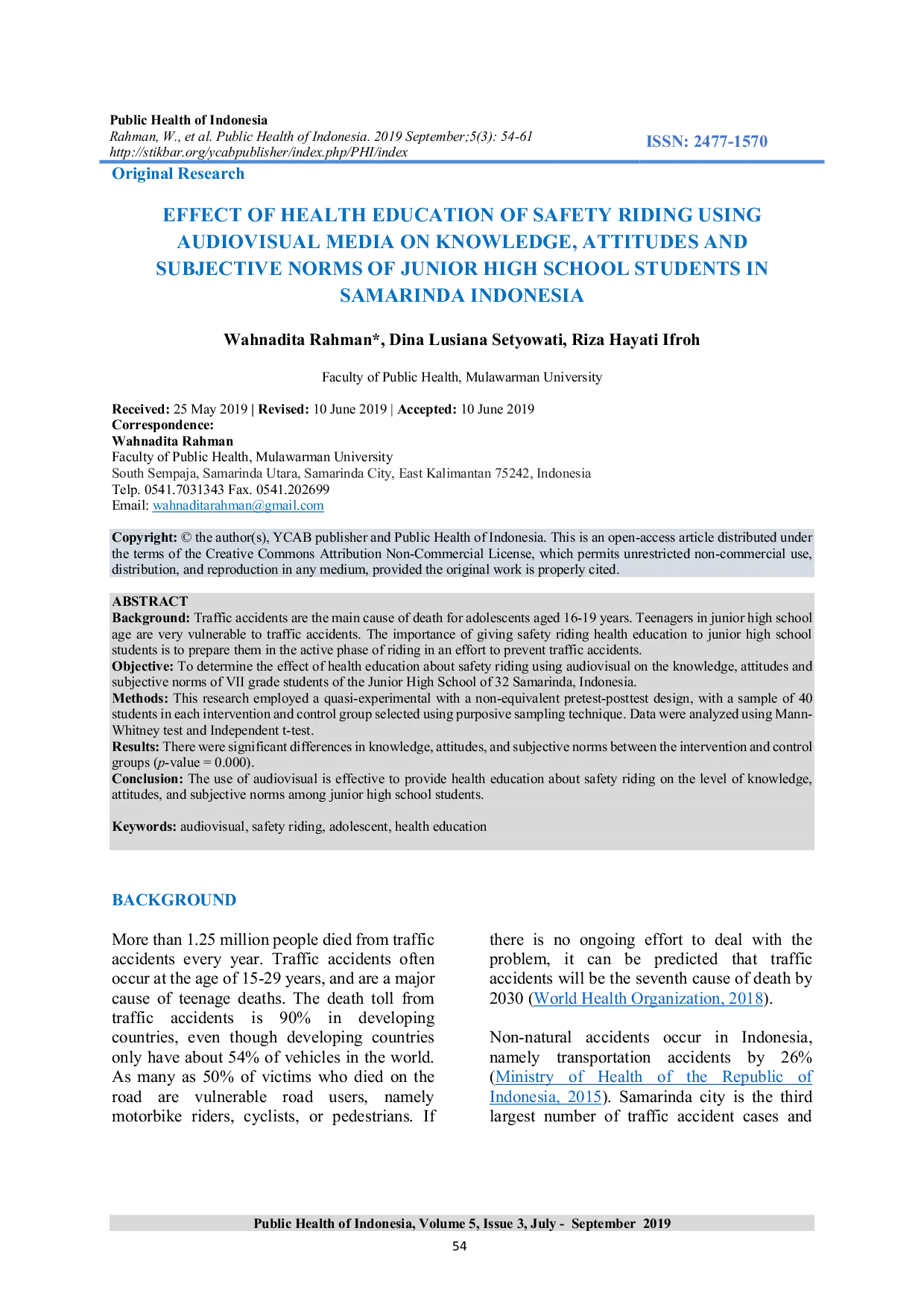 JURIS Effect of Health Education of Safety Riding Using Audiovisual Media on Knowledge Attitudes and Subjective Norms of Junior High School Students in Samarinda Indonesia