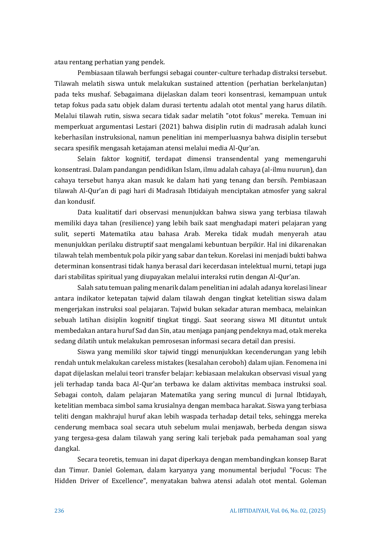 JURIS Pembiasaan Tilawah Al Qur an Sebagai Determinan Konsentrasi Belajar Siswa Madrasah Ibtidaiyah