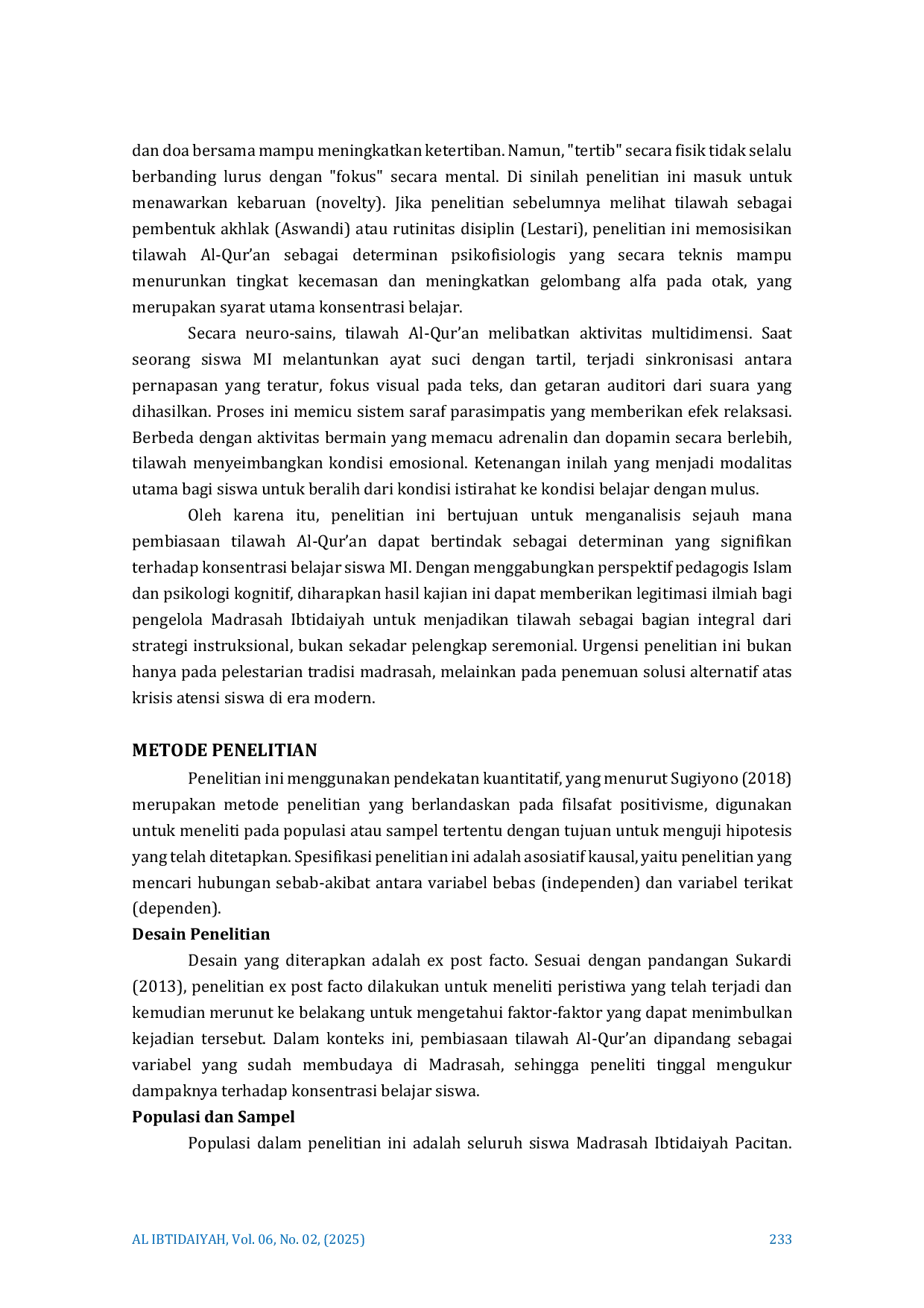 JURIS Pembiasaan Tilawah Al Qur an Sebagai Determinan Konsentrasi Belajar Siswa Madrasah Ibtidaiyah