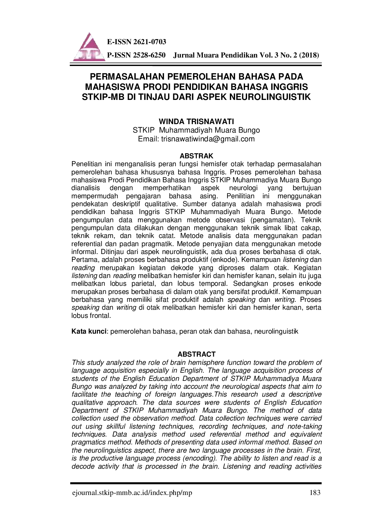 juris Permasalahan Pemerolehan Bahasa Pada Mahasiswa Prodi Pendidikan Bahasa Inggris STKIP MB Di Tinjau Dari Aspek Neurolinguistik