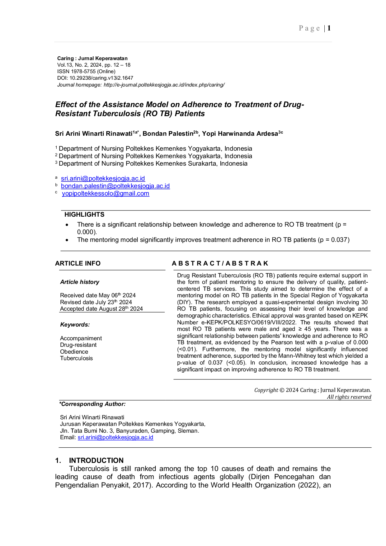 JURIS The Effect of the Assistance Model on Adherence to Treatment of Drug Resistant Tuberculosis RO TB Patients