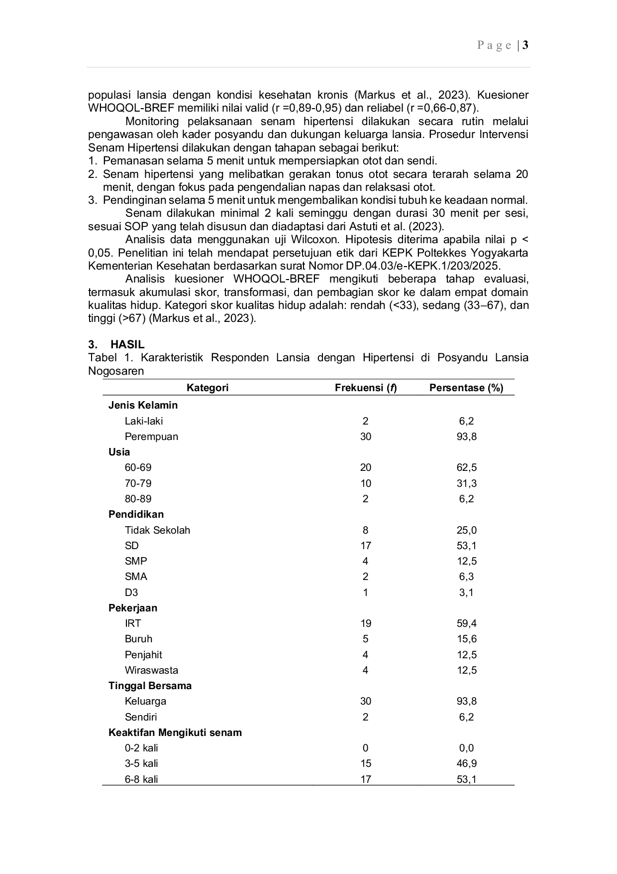 JURIS Pengaruh Senam Hipertensi Terhadap Peningkatan Kualitas Hidup di Posyandu Lansia Nogosaren