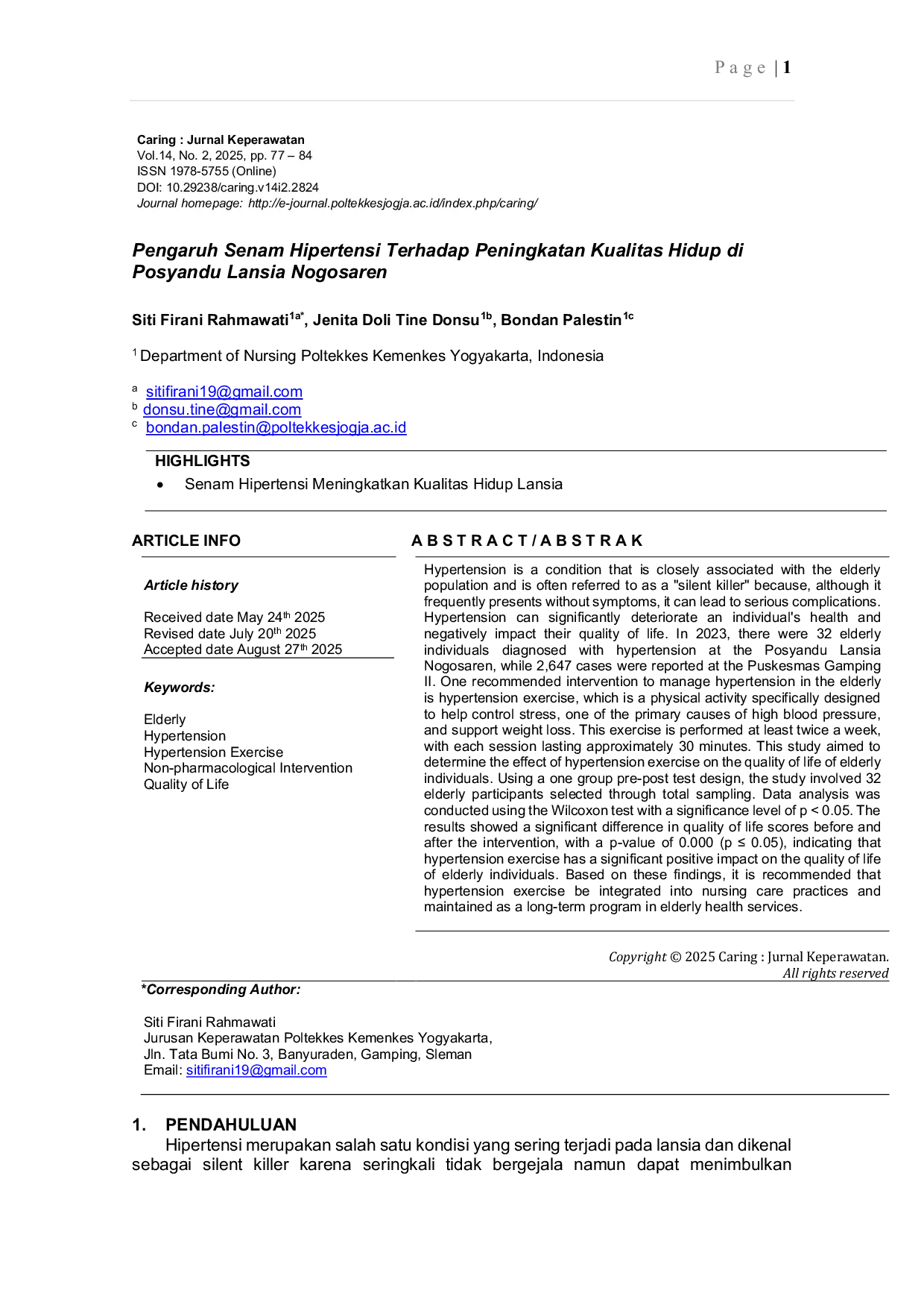 JURIS Pengaruh Senam Hipertensi Terhadap Peningkatan Kualitas Hidup di Posyandu Lansia Nogosaren