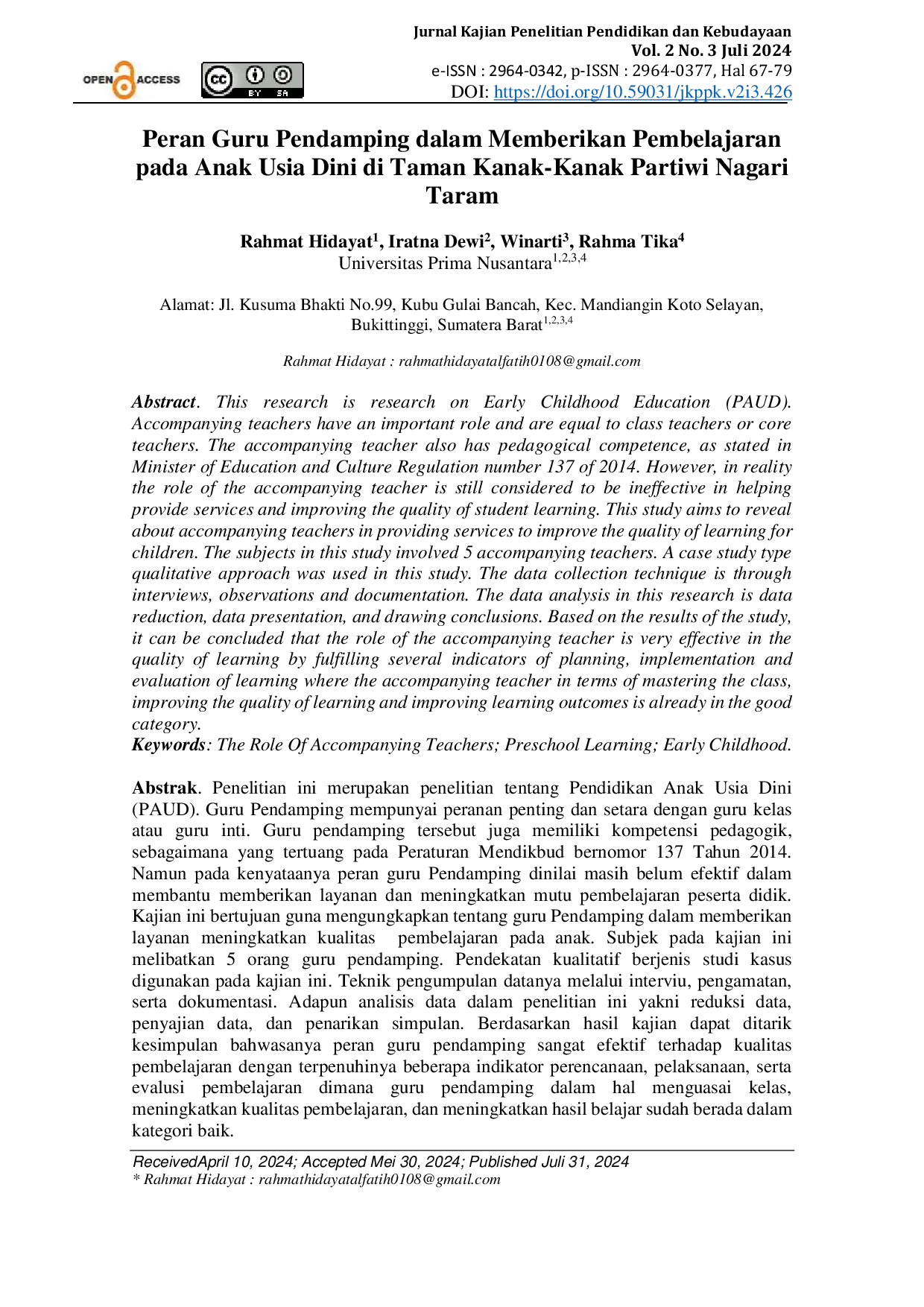 JURIS Peran Guru Pendamping dalam Memberikan Pembelajaran pada Anak Usia Dini di Taman Kanak Kanak Partiwi Nagari Taram