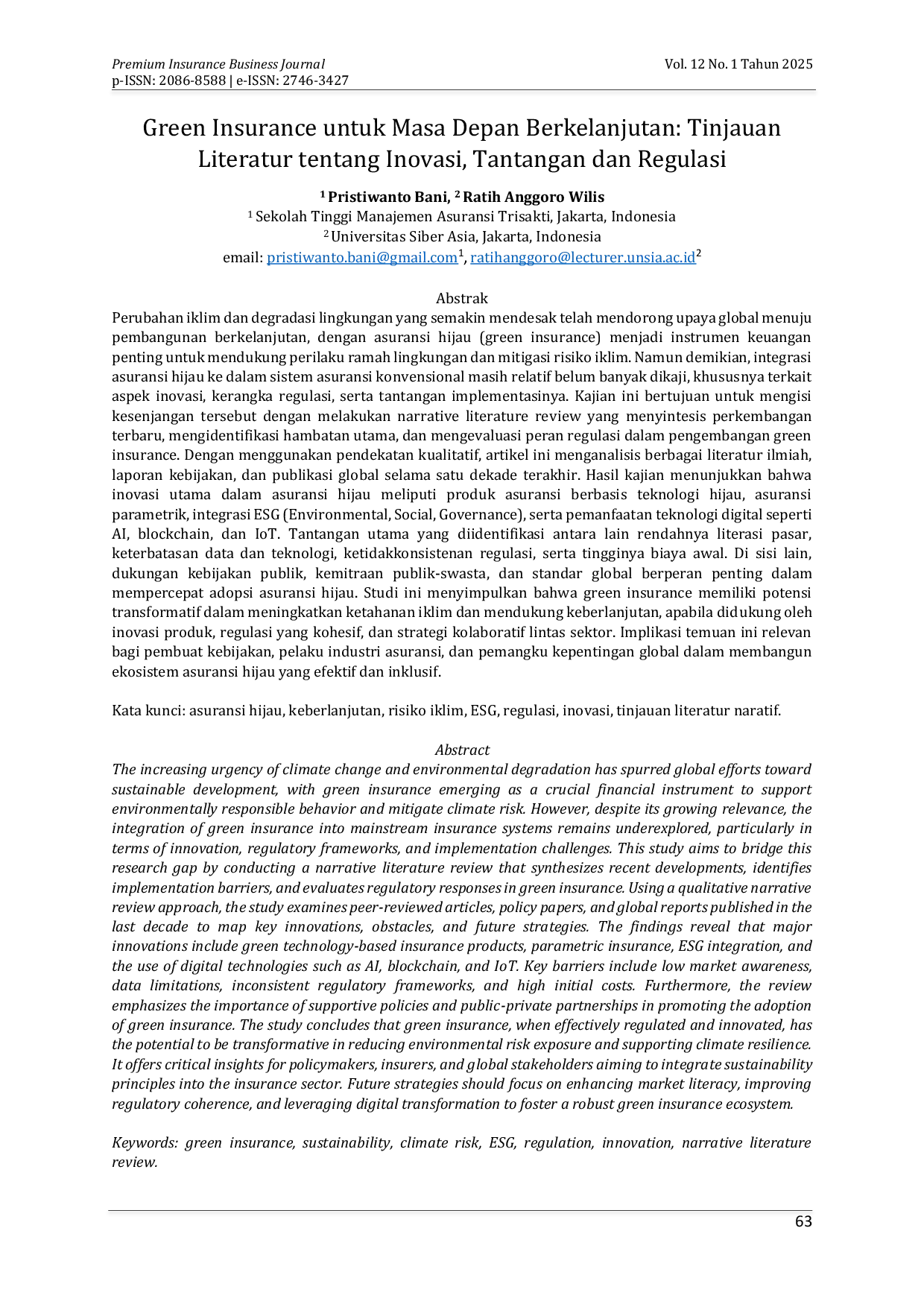 JURIS Green Insurance untuk Masa Depan Berkelanjutan Tinjauan Literatur tentang Inovasi Tantangan dan Regulasi