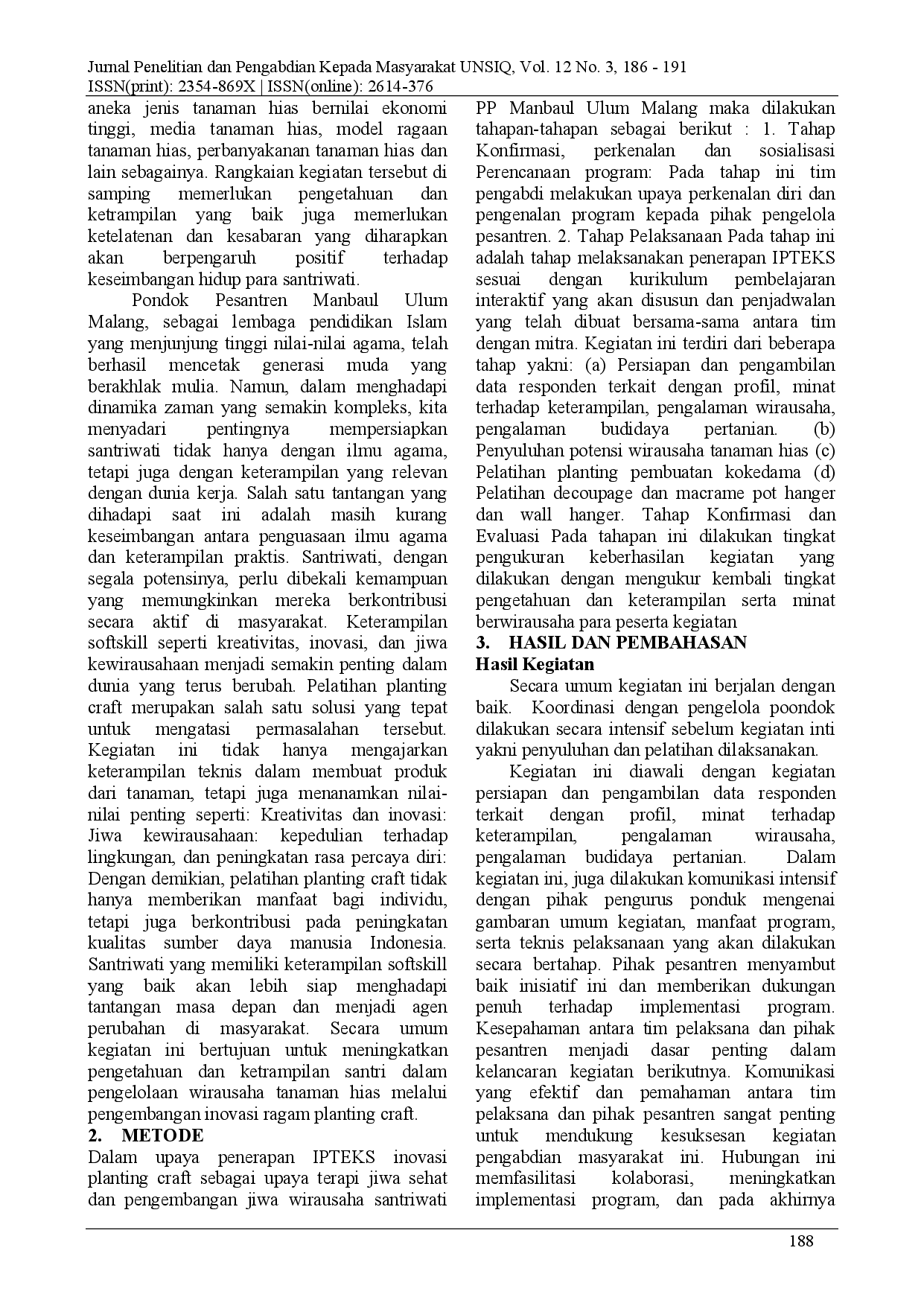 juris Peningkatan Ketrampilan Santriwati PP Mambaul Ulum Malang melalui Pelatihan Ragam Planting Craft