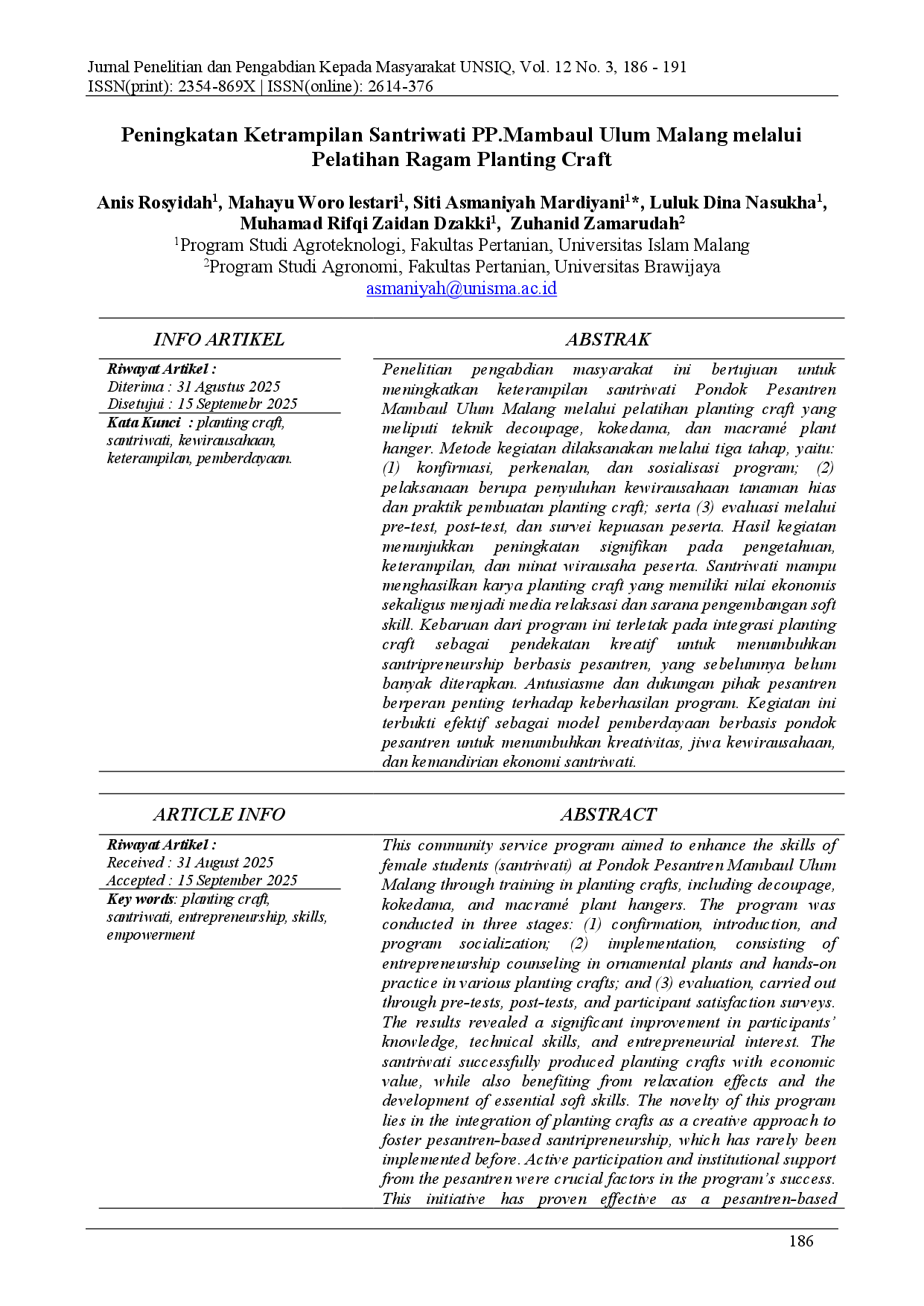 juris Peningkatan Ketrampilan Santriwati PP Mambaul Ulum Malang melalui Pelatihan Ragam Planting Craft