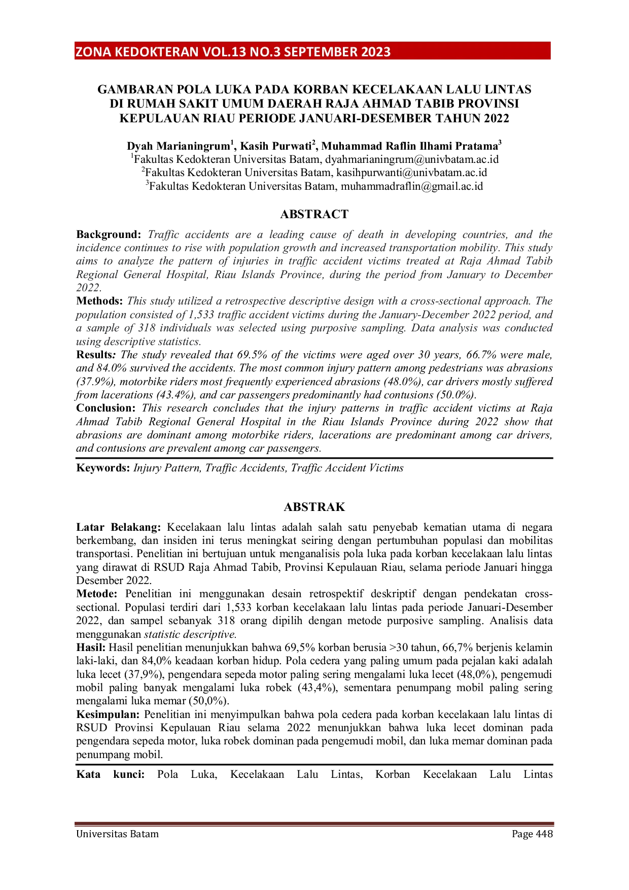 JURIS Gambar Pola Luka pada Korban Kecelakaan Lalu Lintas di Rumah Sakit Umum Daerah Raja Ahmad Tabib Provinsi Kepulauan Riau Periode Januari Desember Tahun 2022