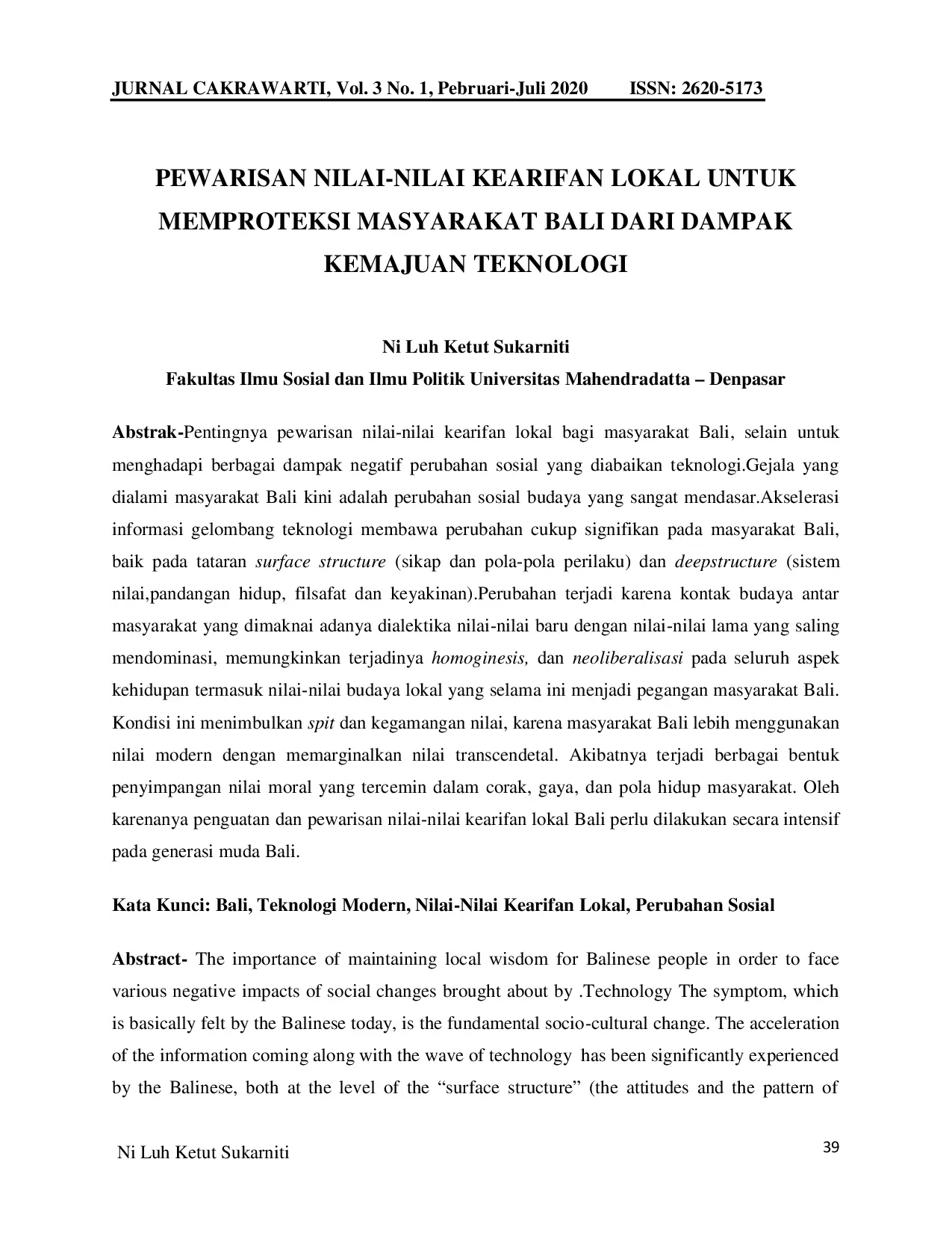 JURIS Pewarisan Nilai Nilai Kearifan Lokal Untuk Memproteksi Masyarakat Bali Dari Dampak Kemajuan Teknologi