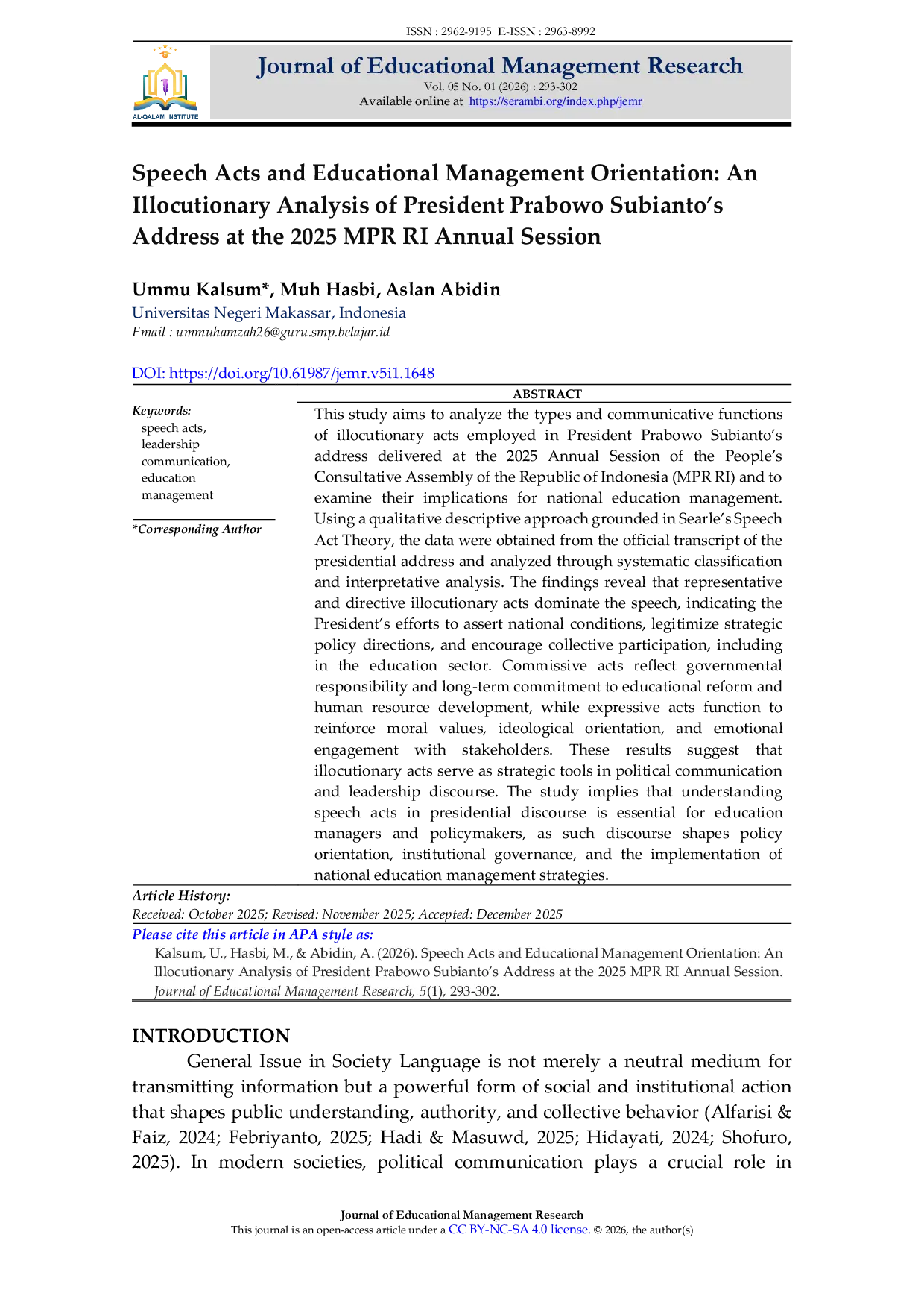 JURIS Speech Acts and Educational Management Orientation An Illocutionary Analysis of President Prabowo Subianto s Address at the 2025 Mpr Ri Annual Session