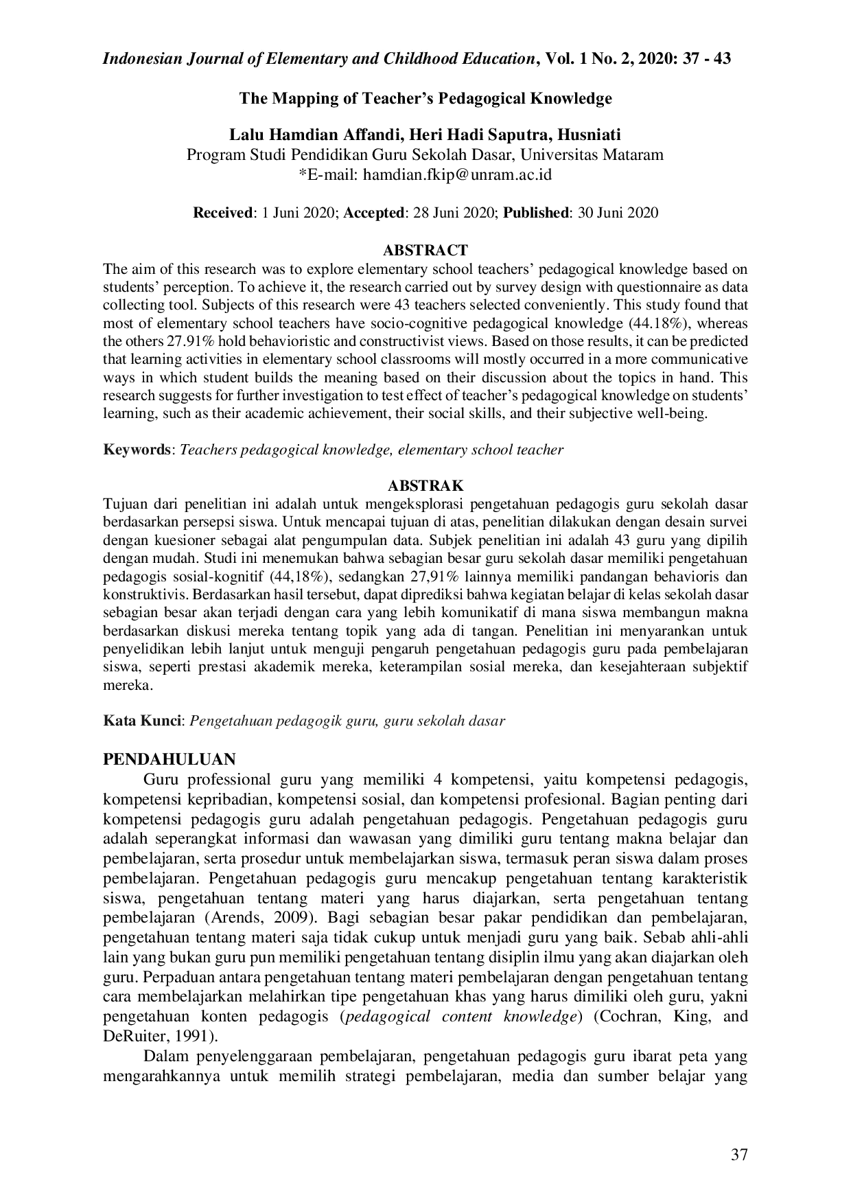 JURIS The Mapping of Elementary School Teachers Pedagogical Knowledge