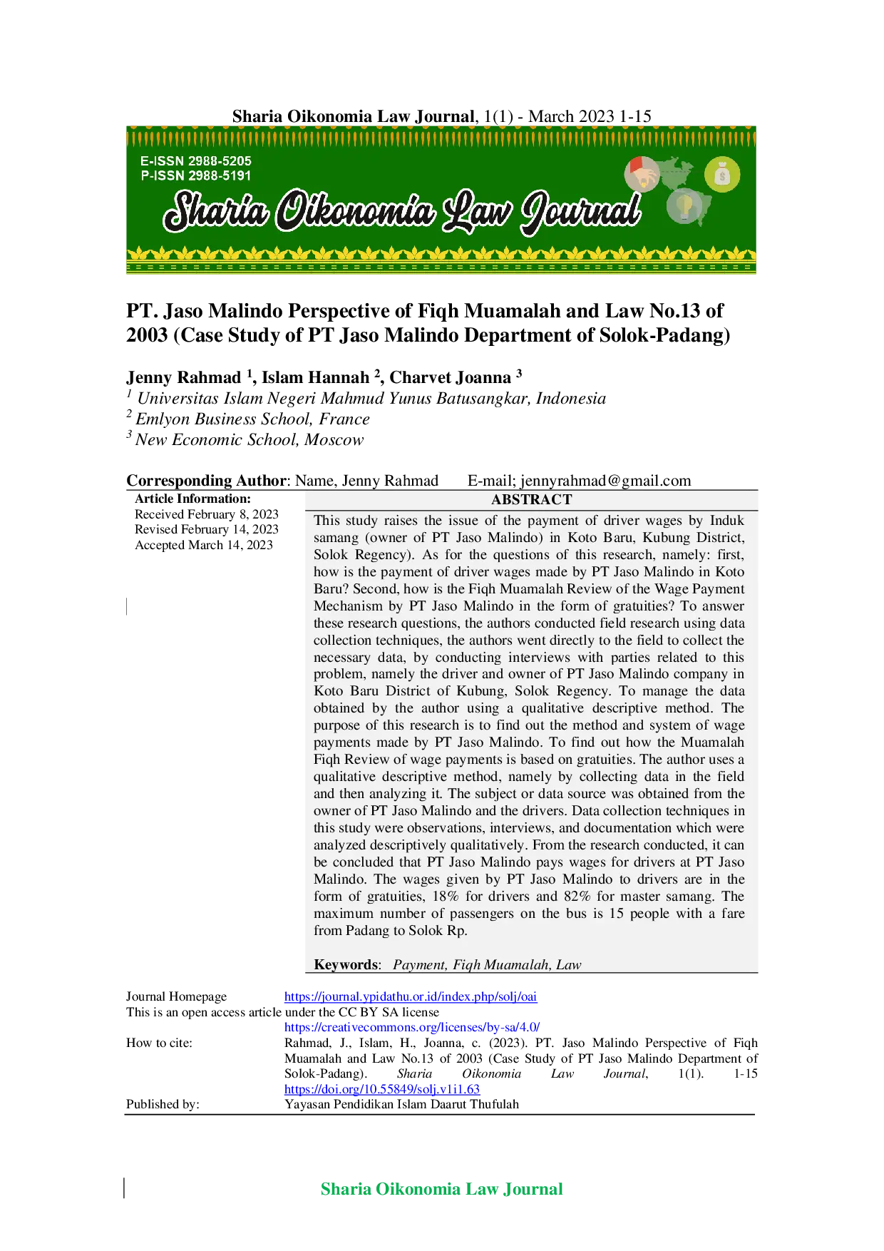 JURIS PT Jaso Malindo Perspective Of Fiqh Muamalah And Law No 13 Of 2003 Case Study Of PT Jaso Malindo Department Of Solok Padang