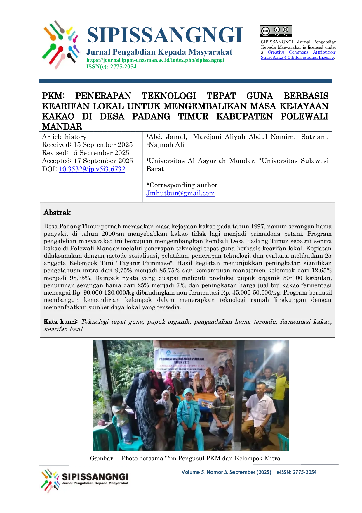 JURIS PkM PENERAPAN TEKNOLOGI TEPAT GUNA BERBASIS KEARIFAN LOKAL UNTUK MENGEMBALIKAN MASA KEJAYAAN KAKAO DI DESA PADANG TIMUR KABUPATEN POLEWALI MANDAR