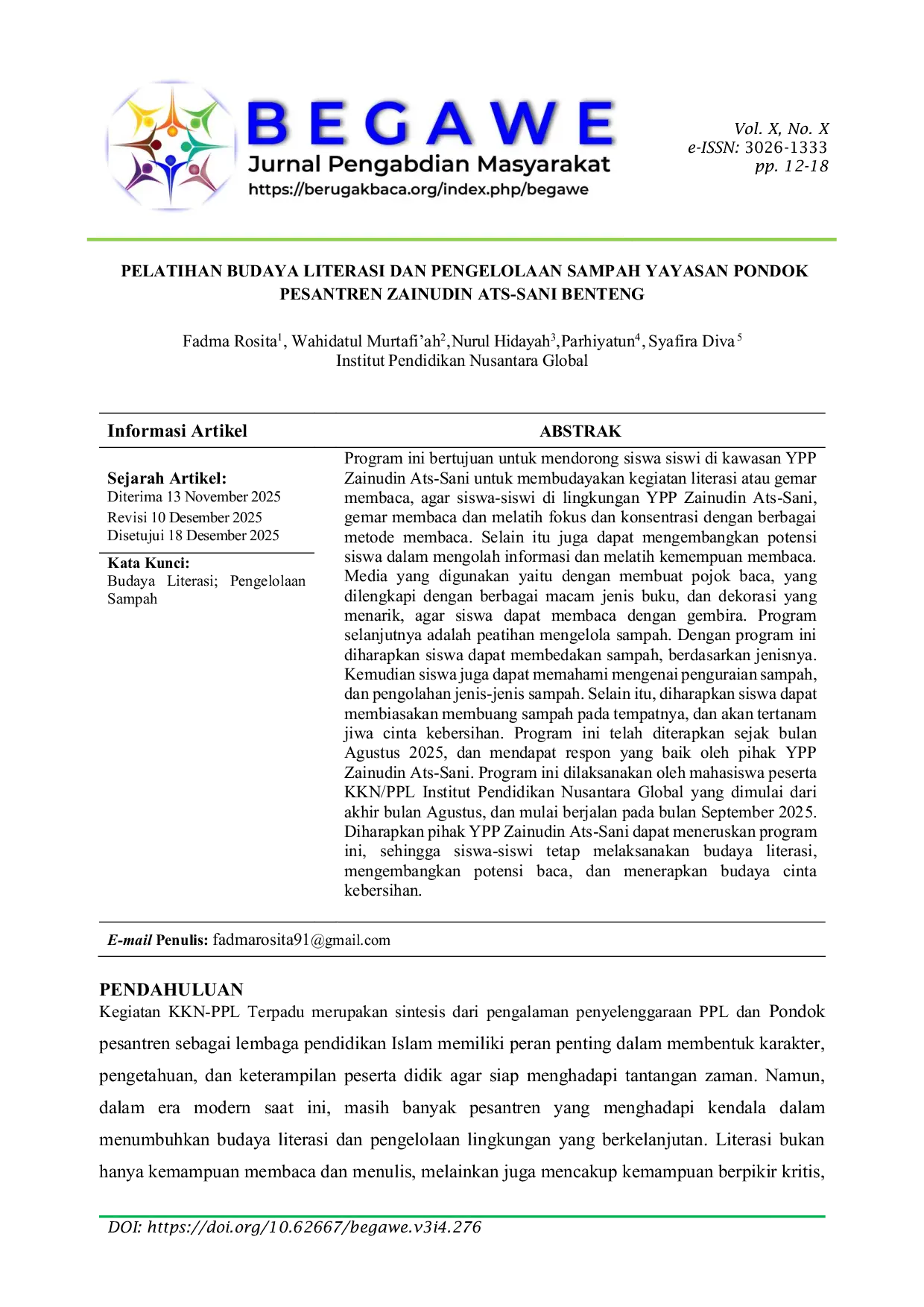 JURIS Pelatihan Budaya Literasi Dan Pengelolaan Sampah Yayasan Pondok Pesantren Zainudin Ats Sani Benteng