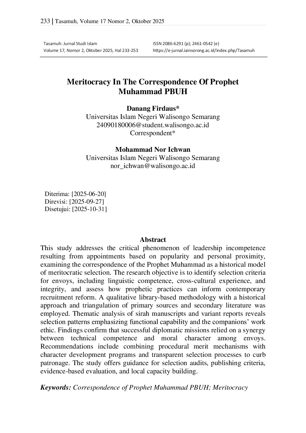 JURIS Meritocracy In The Correspondence Of Prophet Muhammad PBUH