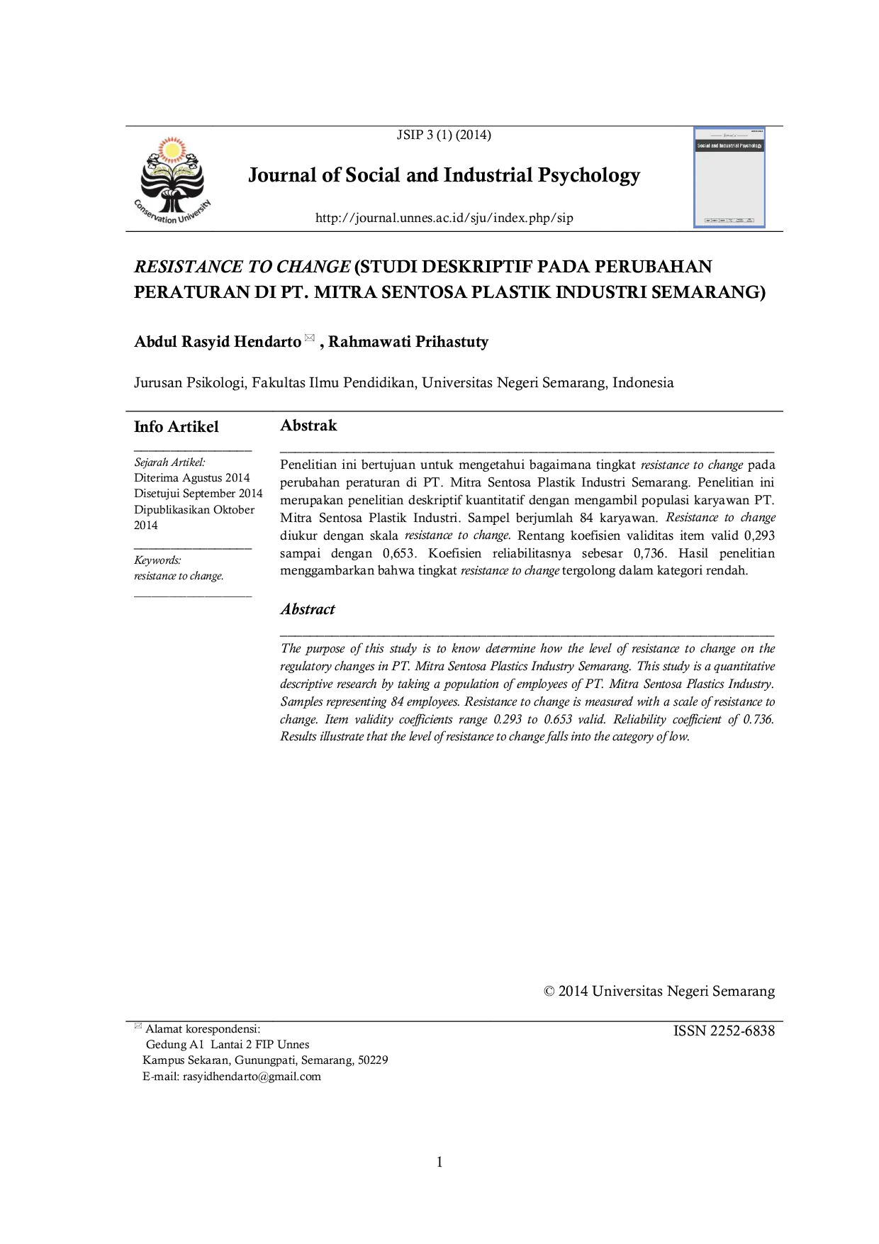 JURIS Resistance to Change Studi Deskriptif Pada Perubahan Peraturan Di PT Mitra Sentosa Plastik Industri Semarang