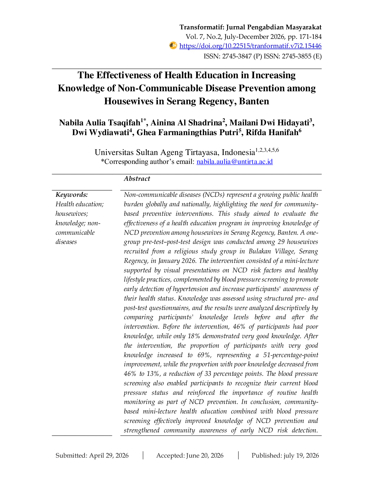 JURIS The Effectiveness of Health Education in Increasing Knowledge of Non Communicable Disease Prevention among Housewives