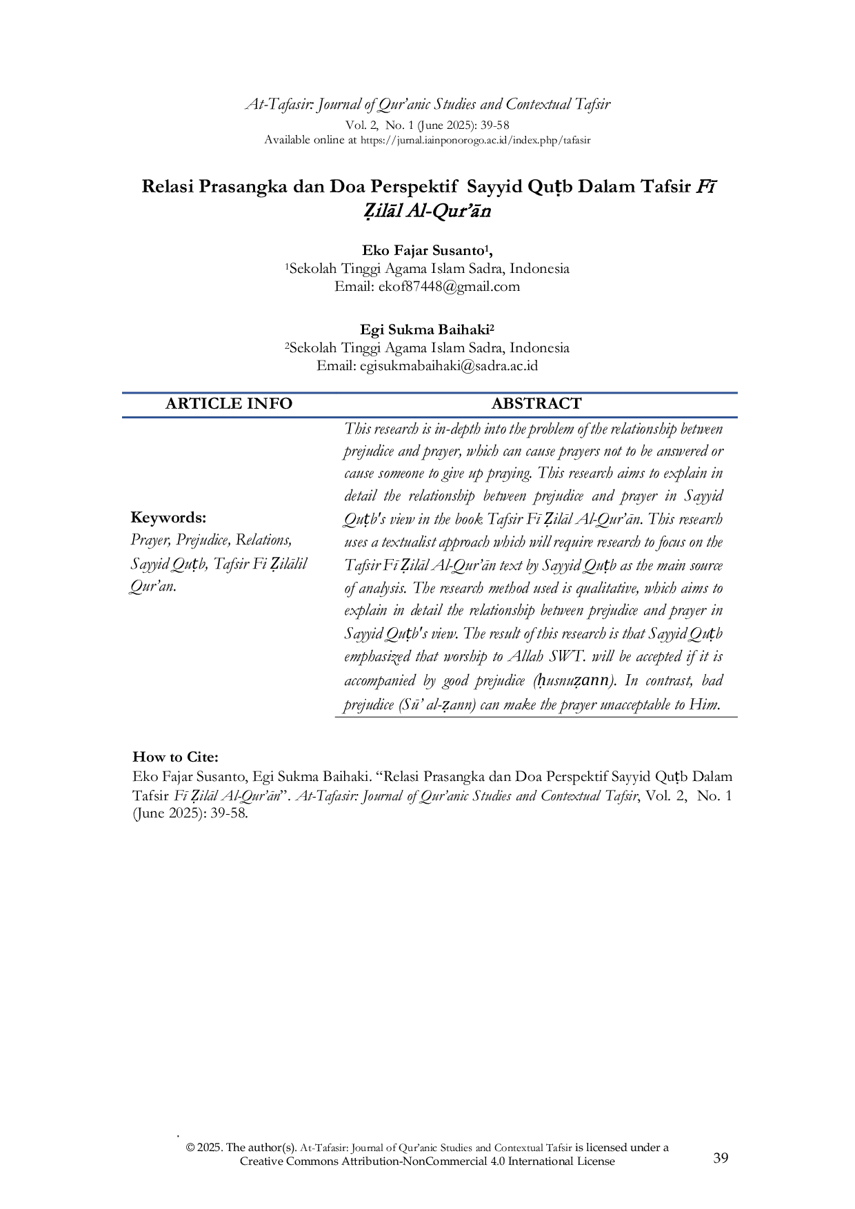 JURIS Relasi Prasangka dan Doa Perspektif Sayyid Quub Dalam Tafsir F eilAlil Qur An