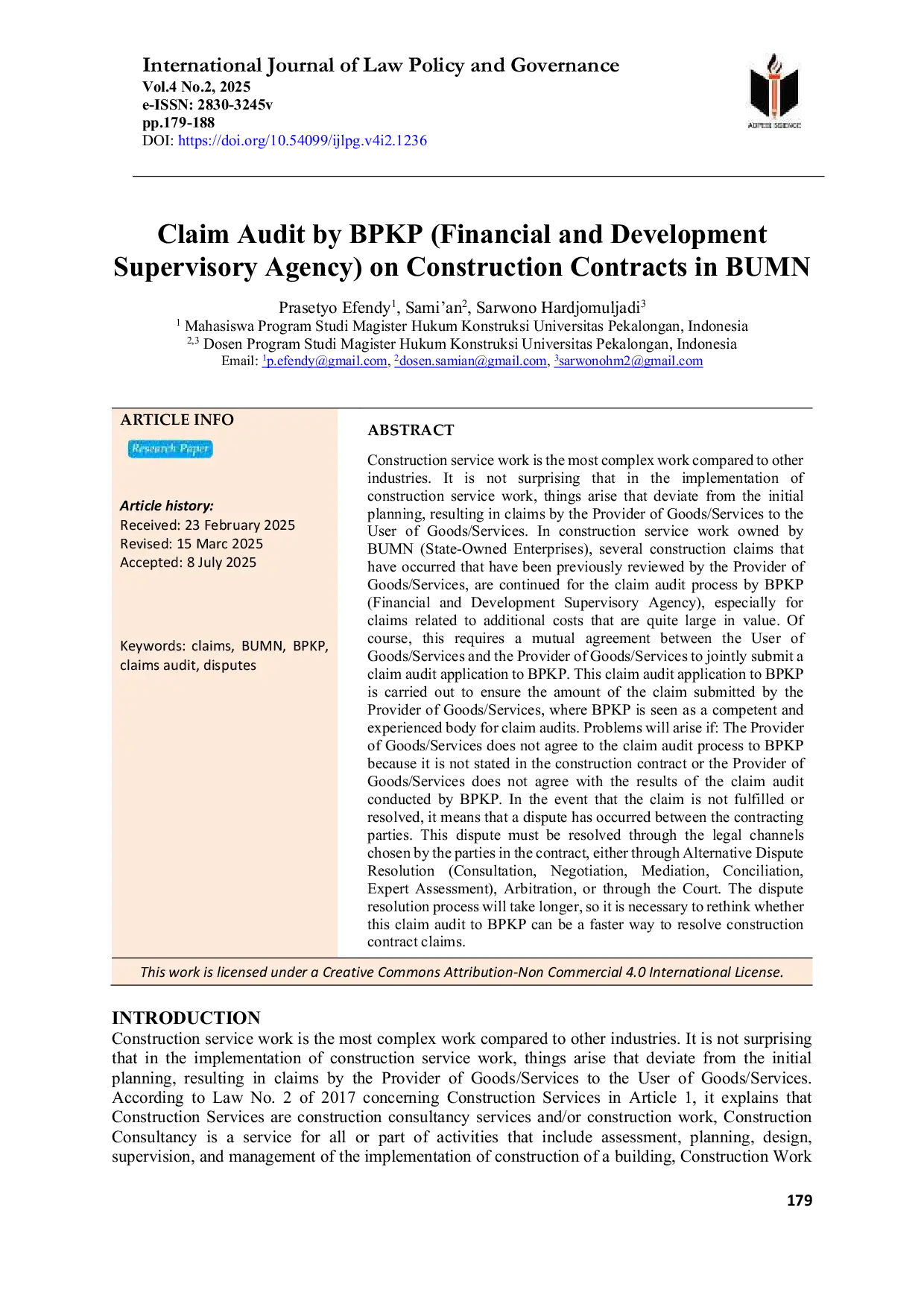 JURIS Audit Klaim oleh BPKP Badan Pengawas Keuangan dan Pembangunan pada Kontrak Konstruksi di BUMN