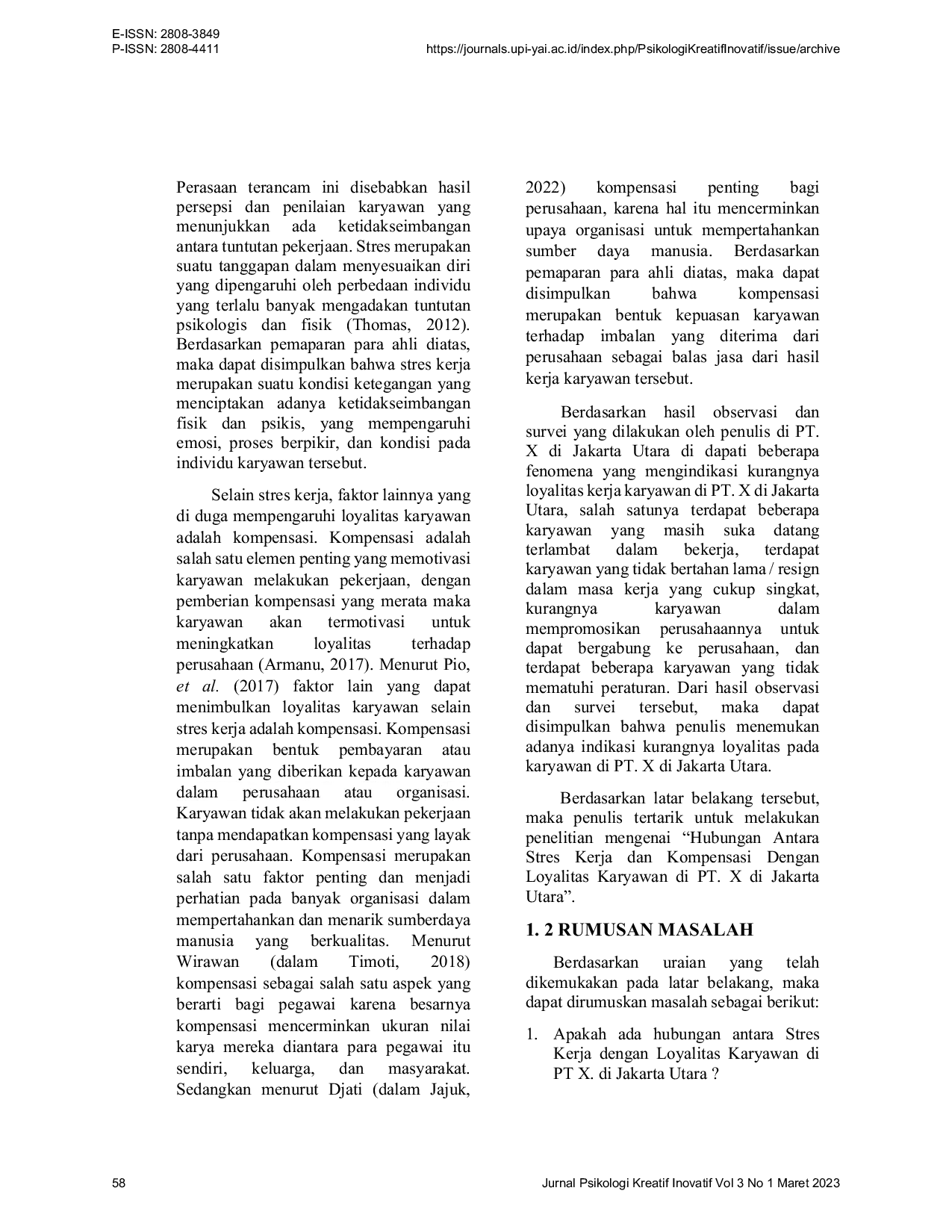 JURIS Hubungan Antara Stres Kerja Dan Kompensasi Dengan Loyalitas Karyawan Di PT X Di Jakarta Utara