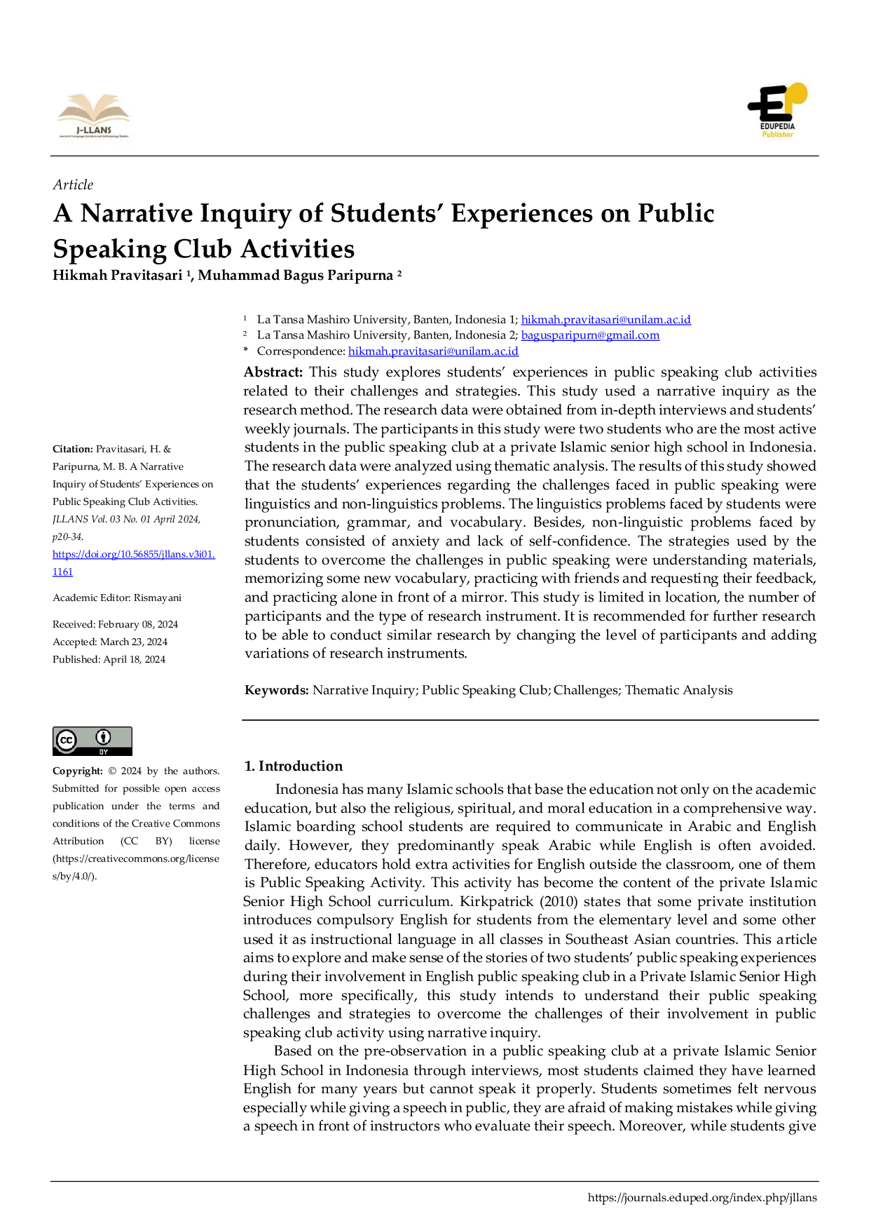 JURIS A Narrative Inquiry of Students Experiences on Public Speaking Club Activities