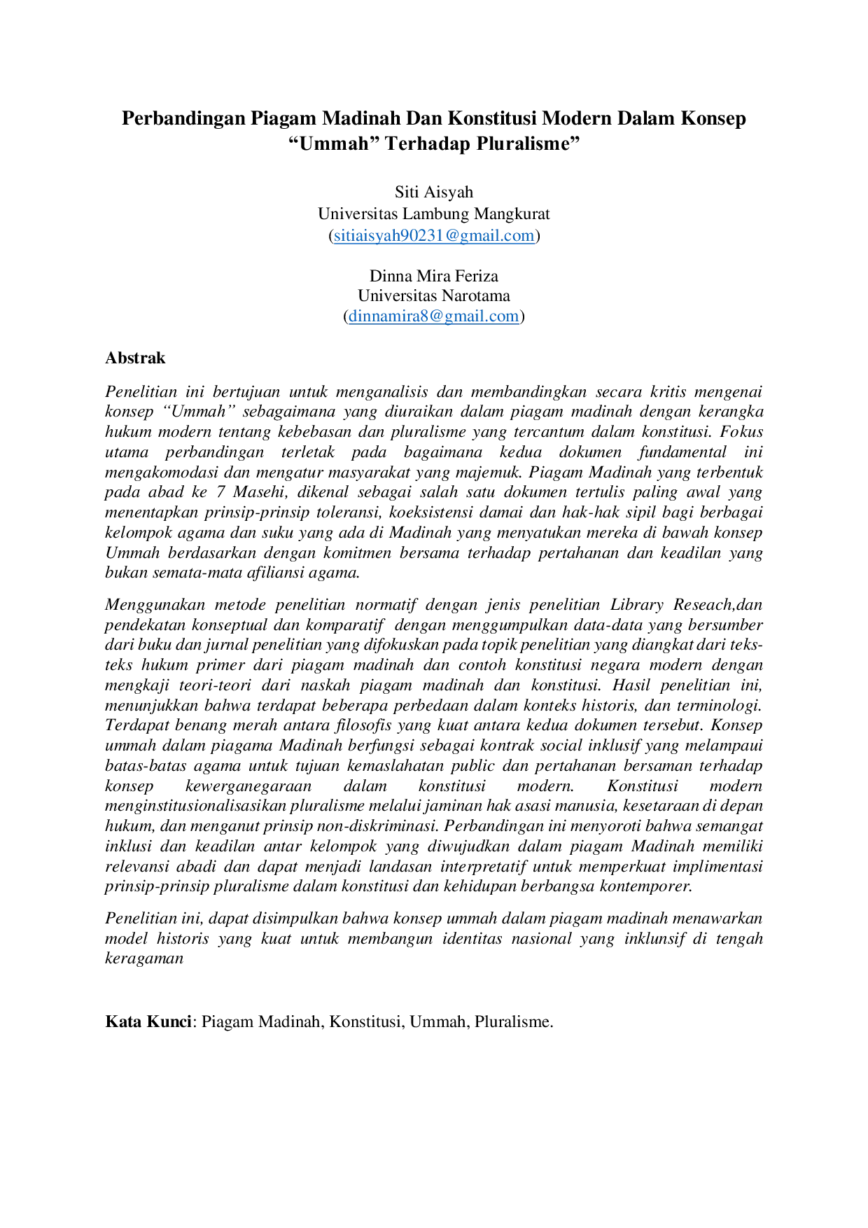 JURIS A Comparison of the Medina Charter and Modern Constitutions in the Concept of Ummah and Pluralism