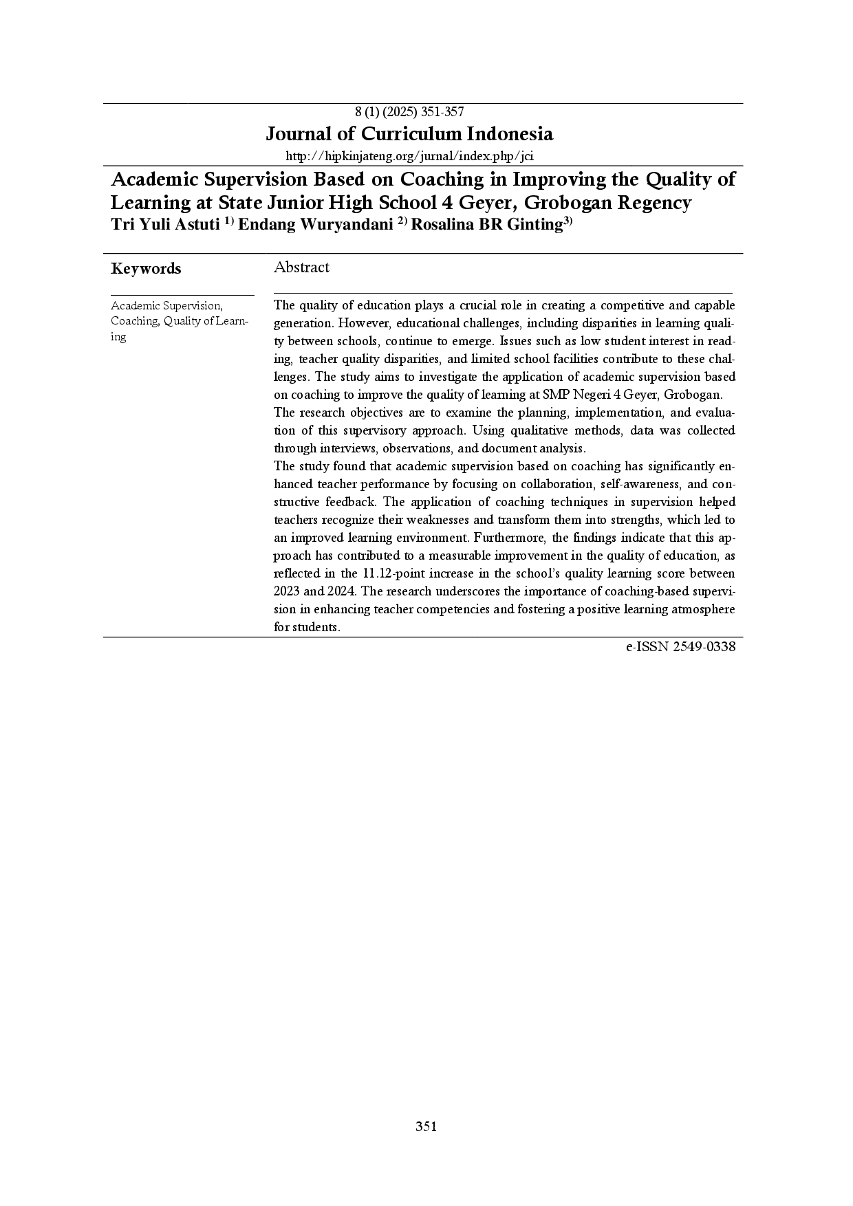 juris Academic Supervision Based on Coaching in Improving the Quality of Learning at State Junior High School 4 Geyer Grobogan Regency