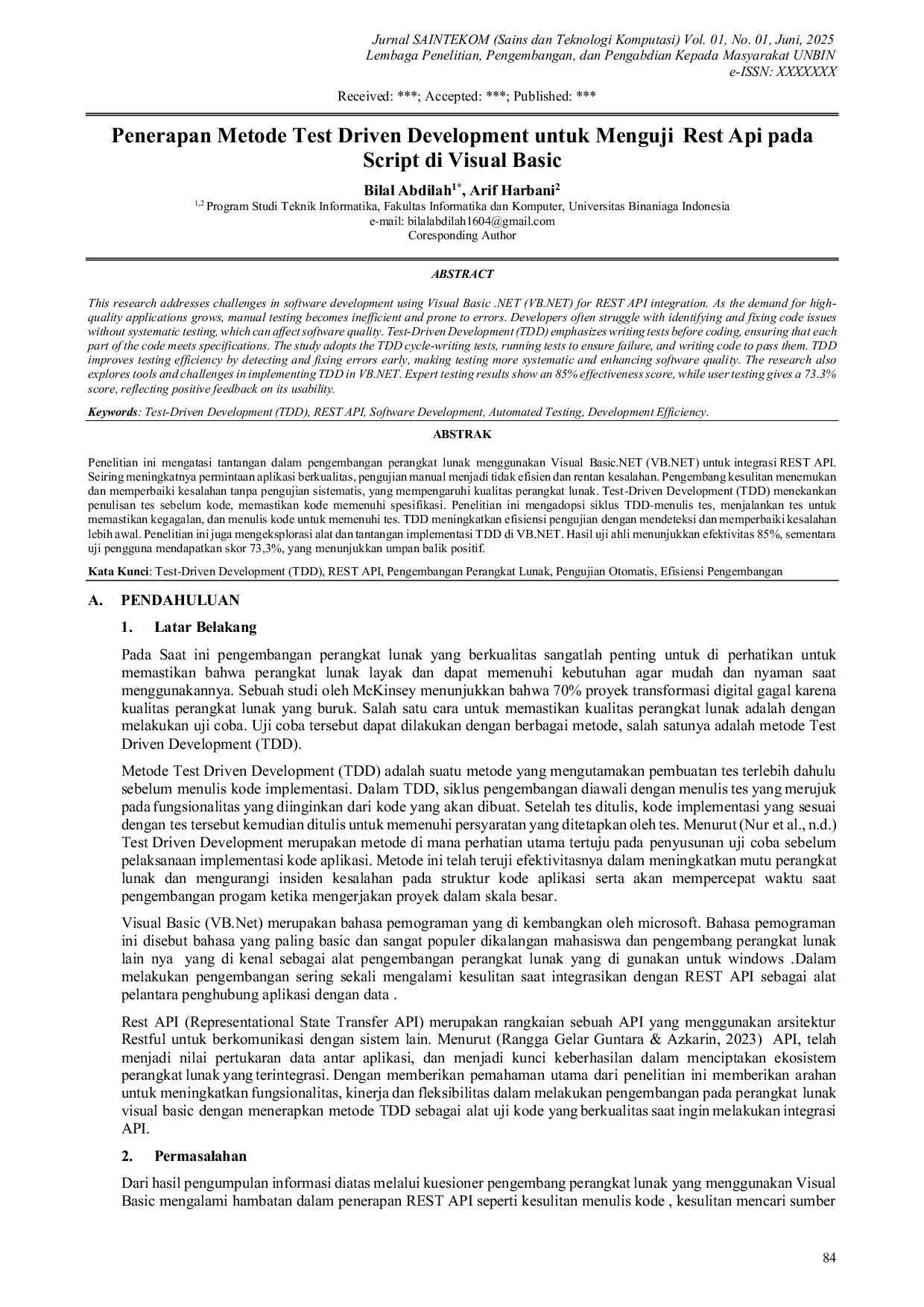 JURIS Penerapan Metode Test Driven Development untuk Menguji Rest Api pada Script di Visual Basic