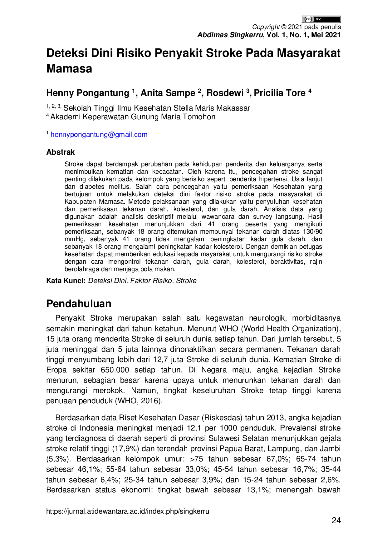 JURIS Deteksi Dini Risiko Penyakit Stroke Pada Masyarakat Mamasa