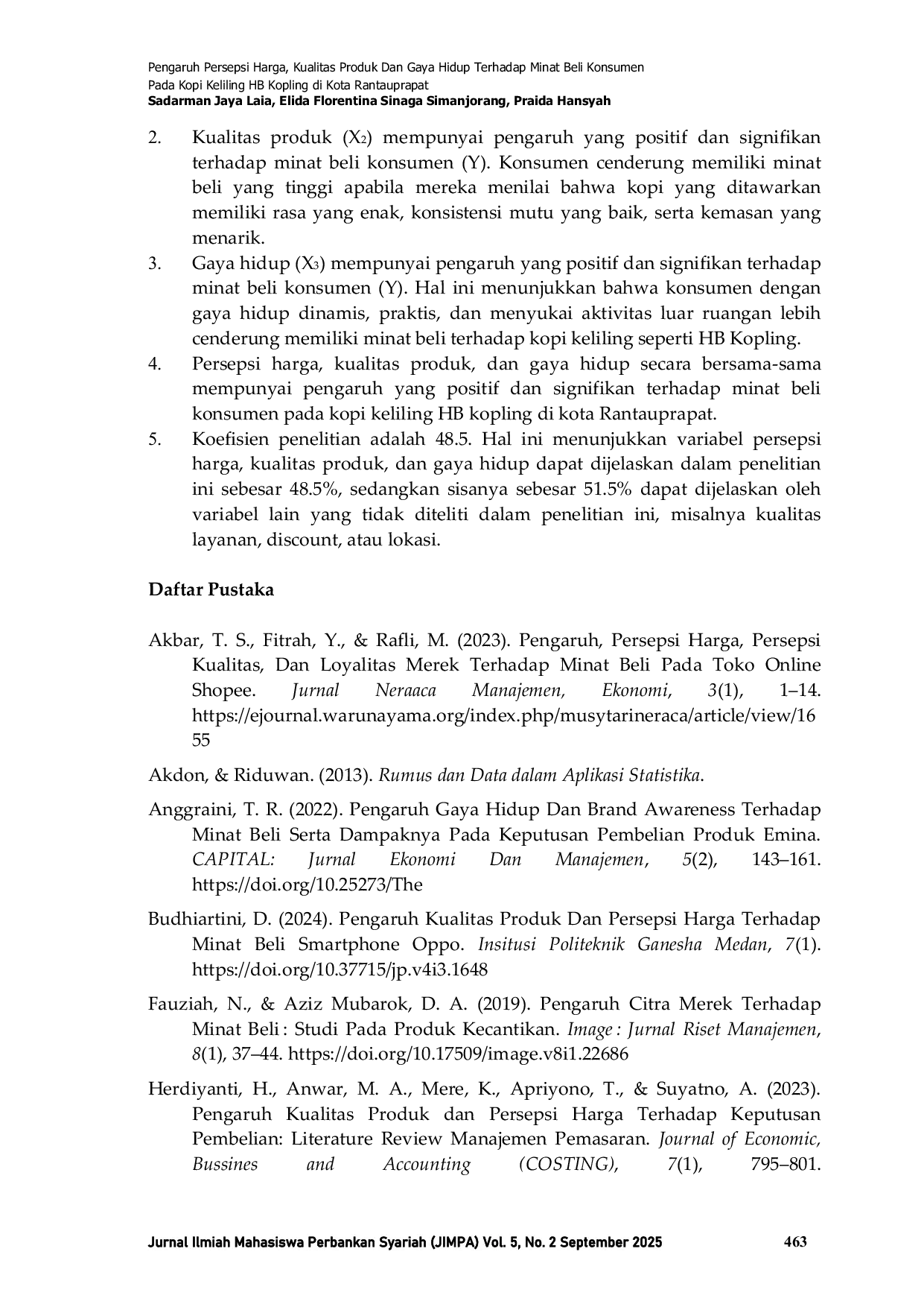 JURIS Pengaruh Persepsi Harga Kualitas Produk Dan Gaya Hidup Terhadap Minat Beli Konsumen Pada Kopi Keliling Hb Kopling Di Kota Rantauprapat