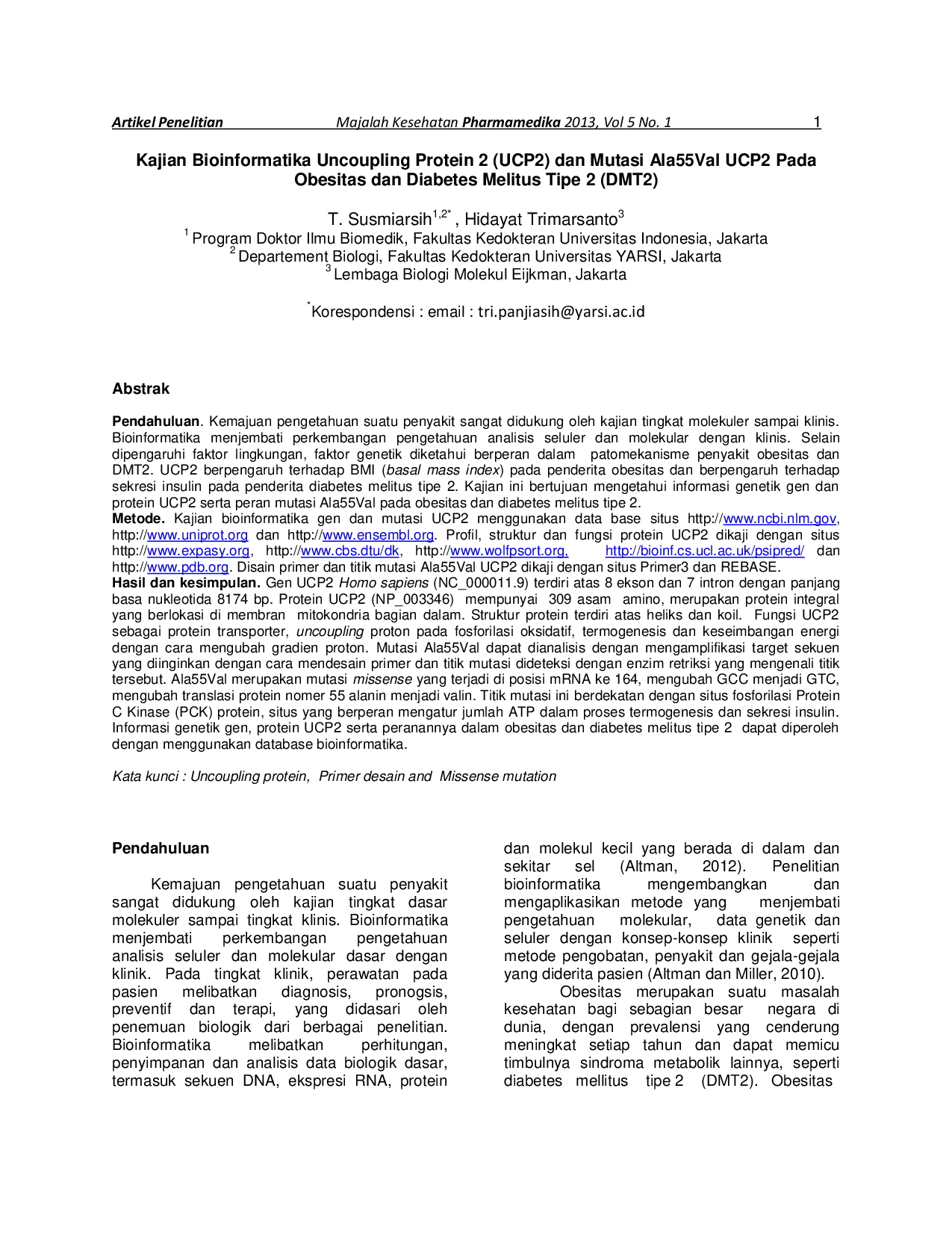 juris Kajian Bioinformatika Uncoupling Protein 2 UCP2 dan Mutasi Ala55Val UCP2 Pada Obesitas dan Diabetes Melitus Tipe 2 DMT2