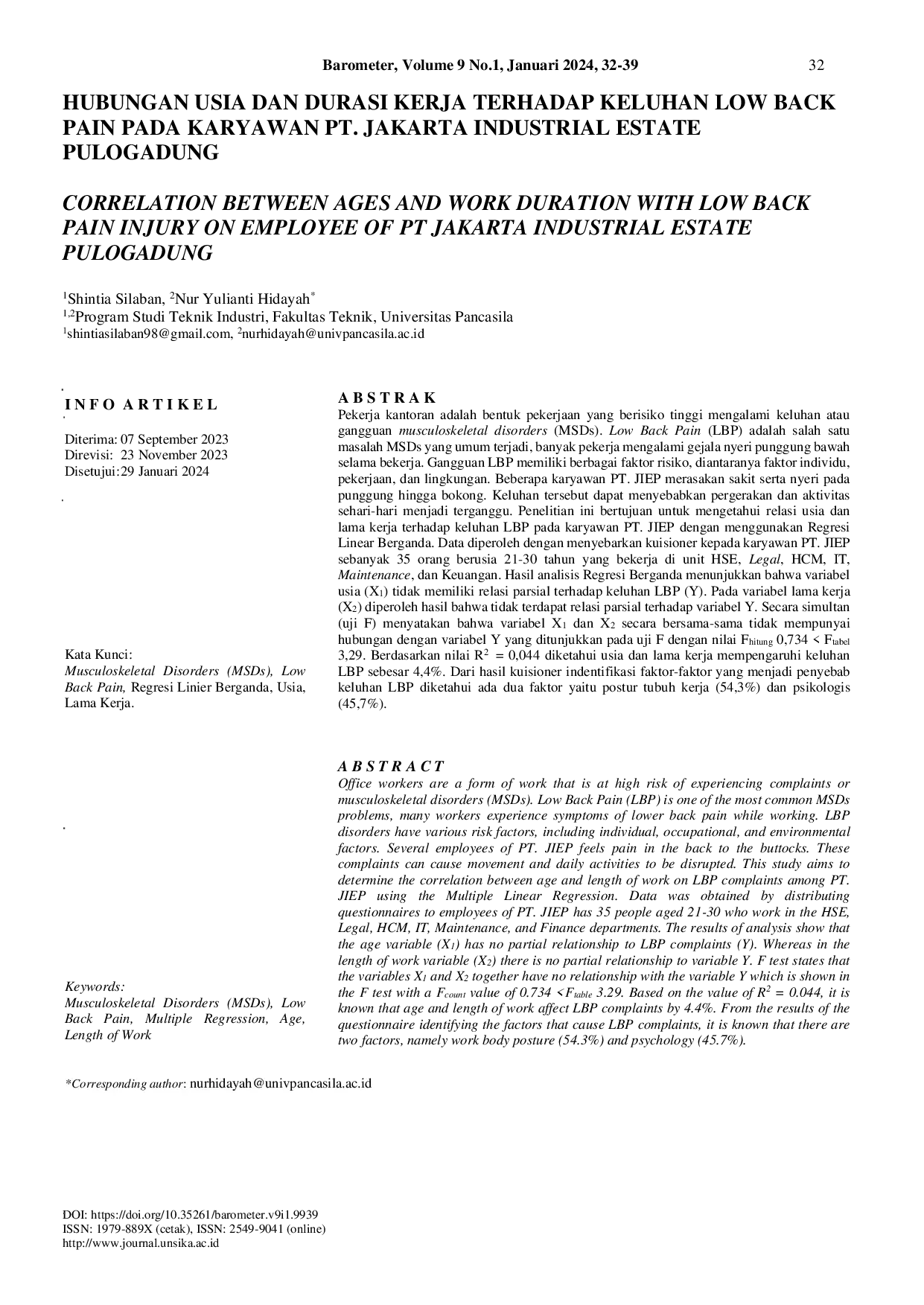 JURIS Hubungan Usia dan Durasi Kerja Terhadap Keluhan Low Back Pain Pada Karyawan PT Jakarta Industrial Estate Pulogadung