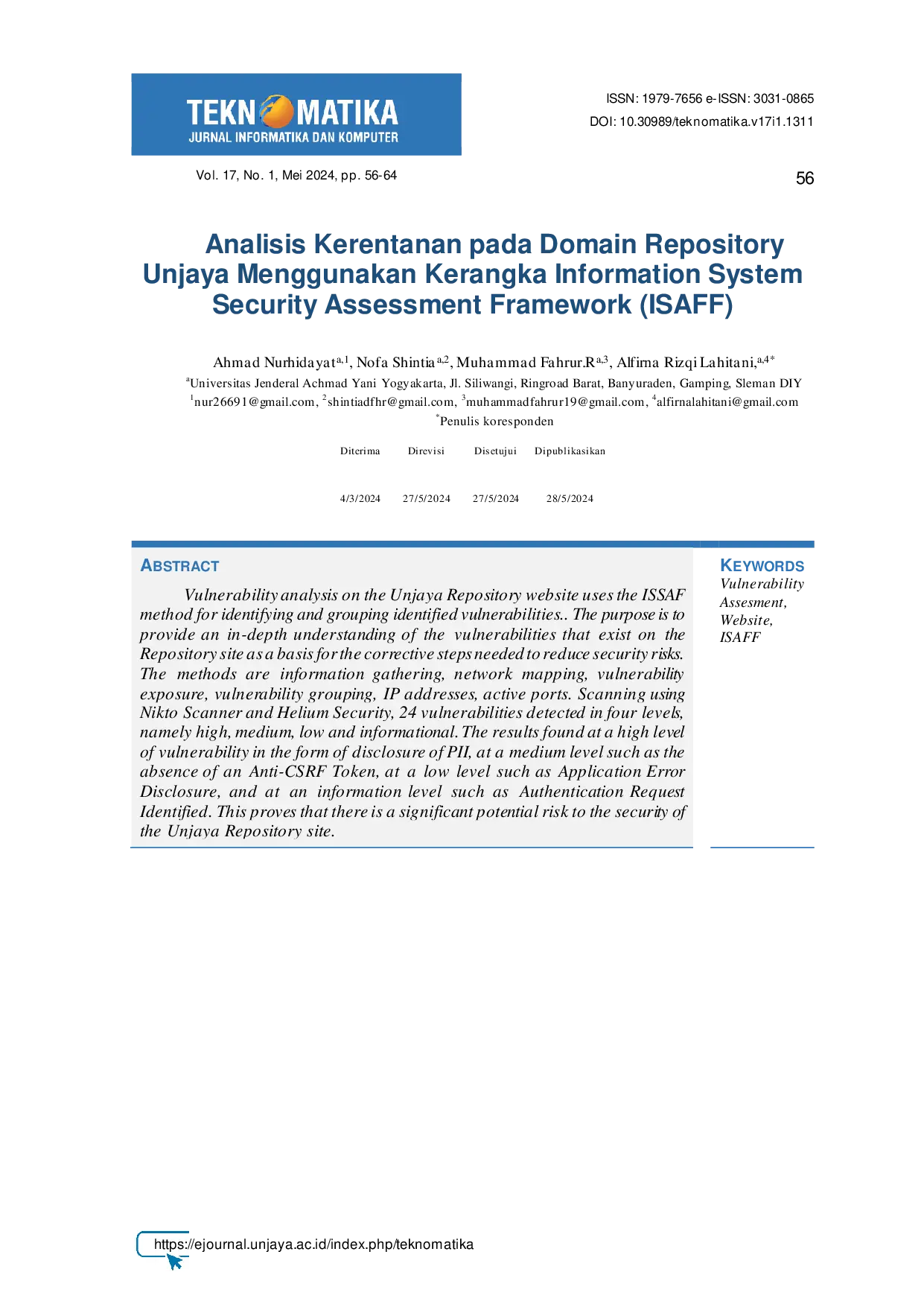 JURIS Analisis Kerentanan Pada Domain Repository Unjaya Menggunakan Kerangka Information System Security Assessment Framework ISAFF