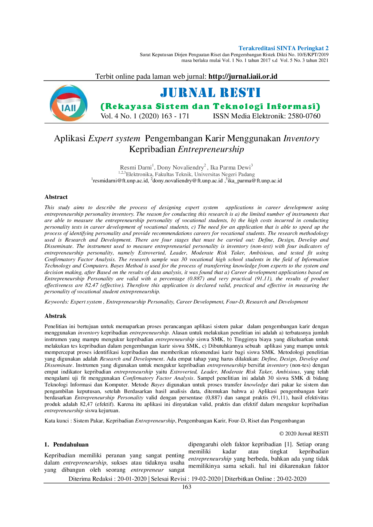 juris Aplikasi Expert System Pengembangan Karir Menggunakan Inventory Kepribadian Entrepreneurship