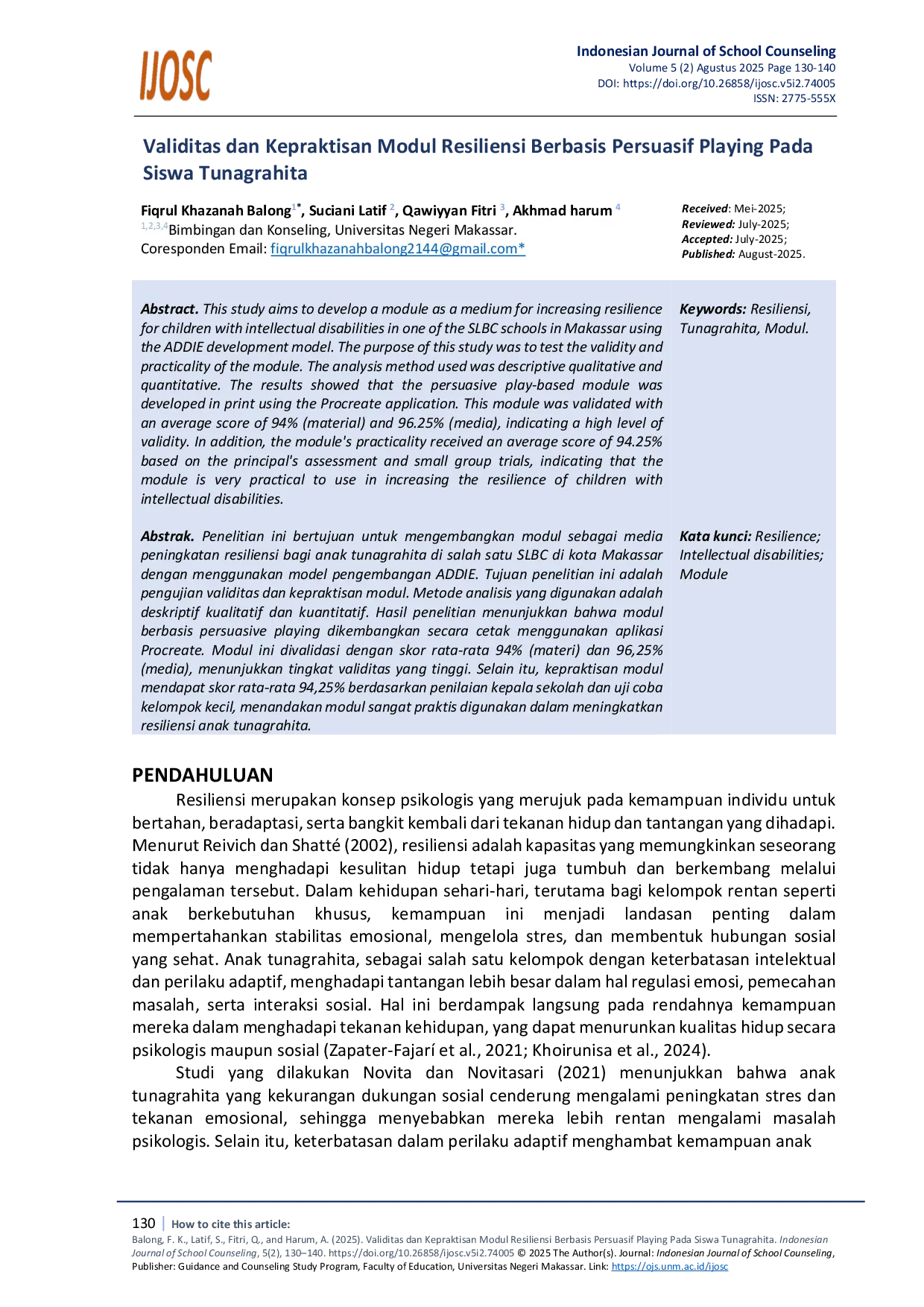 JURIS Validitas dan Kepraktisan Modul Resiliensi Berbasis Persuasif Playing Pada Siswa Tunagrahita