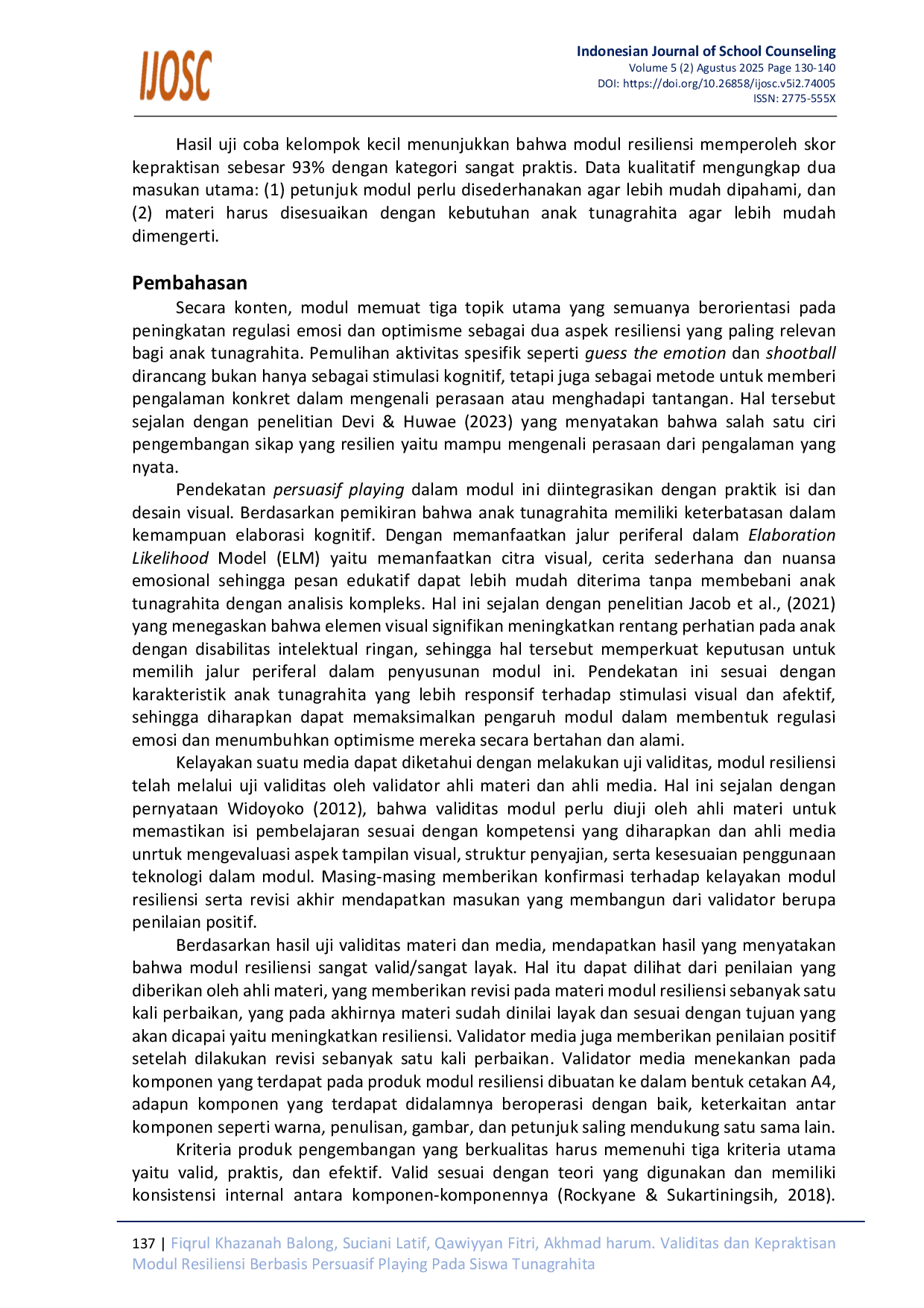 JURIS Validitas dan Kepraktisan Modul Resiliensi Berbasis Persuasif Playing Pada Siswa Tunagrahita