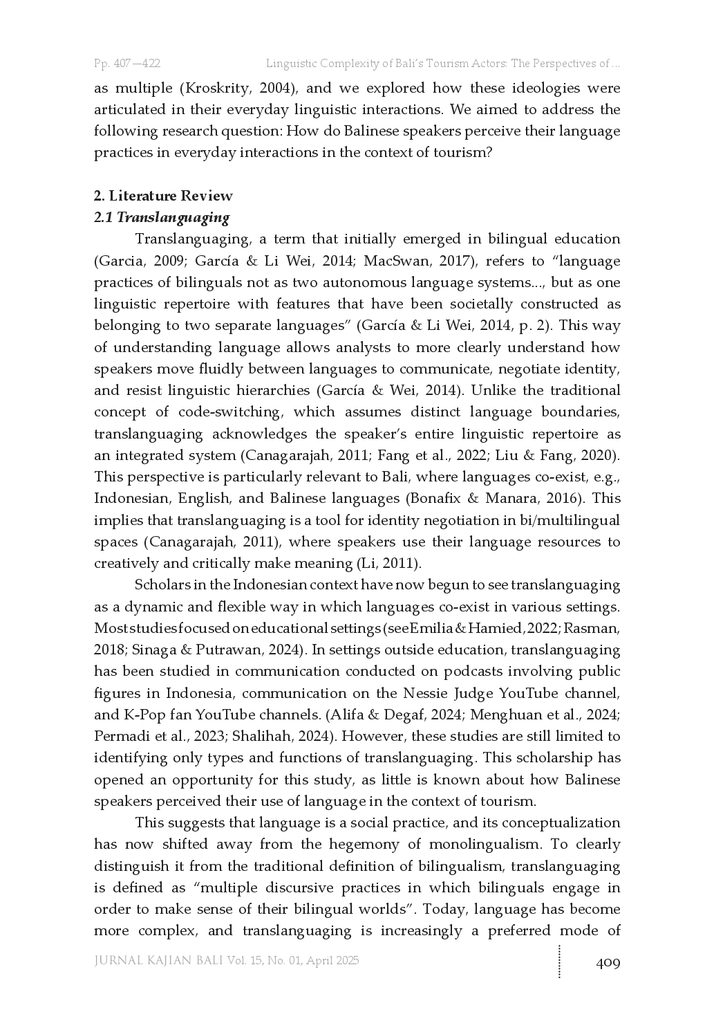 juris Linguistic Complexity of Bali s Tourism Actors The Perspectives of Translanguaging and Language Ideologies