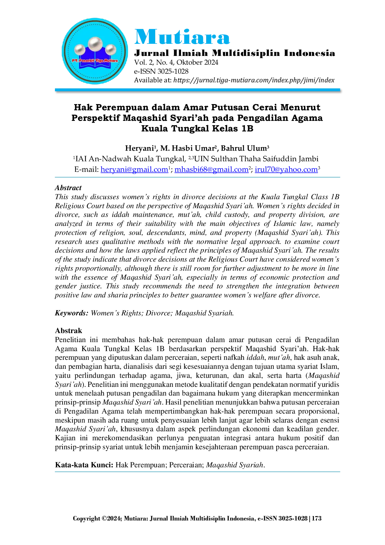 JURIS Hak Perempuan dalam Amar Putusan Cerai Menurut Perspektif Maqashid Syari ah pada Pengadilan Agama Kuala Tungkal Kelas 1B