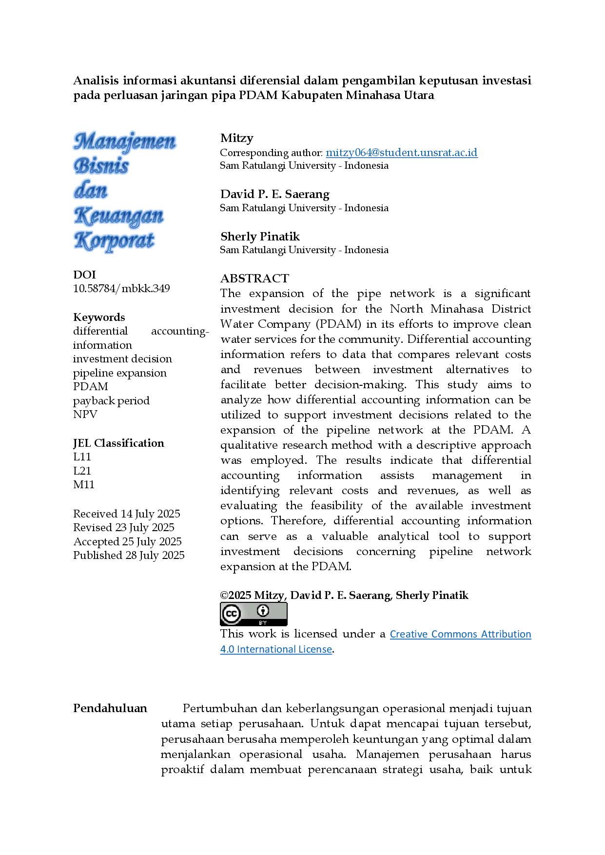 JURIS Analisis Informasi Akuntansi Diferensial dalam Pengambilan Keputusan Investasi pada Perluasan Jaringan Pipa PDAM Kabupaten Minahasa Utara