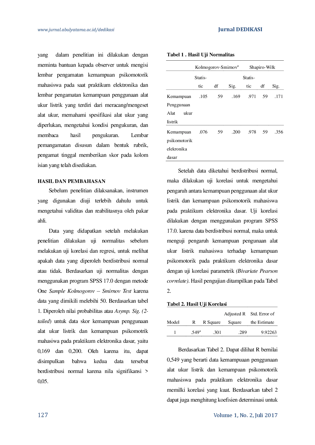 juris Pengaruh Kemampuan Penggunaan Alat Ukur Listrik Terhadap Kemampuan Psikomotorik Mahasiswa Pada Praktikum Elektronika Dasar