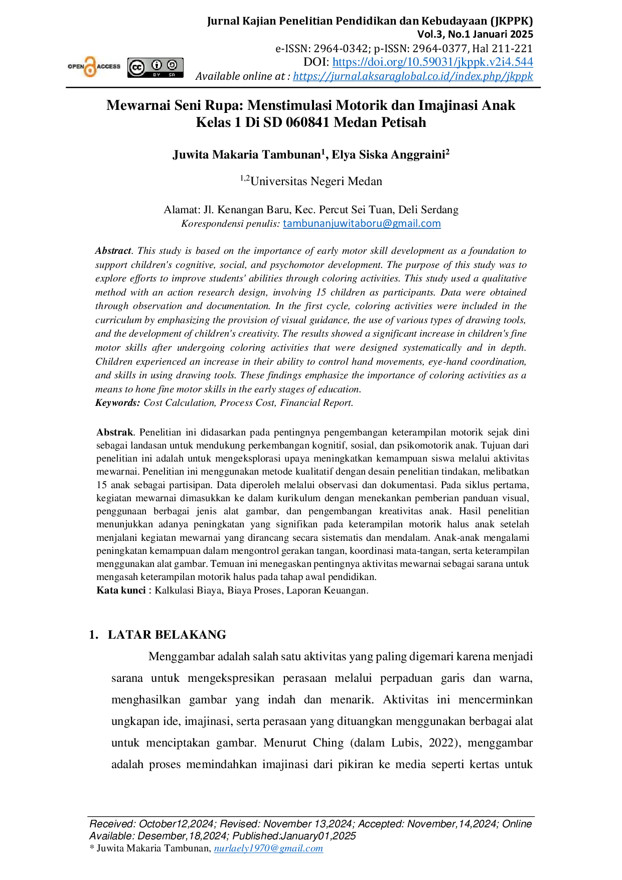 JURIS Mewarnai Seni Rupa Menstimulasi Motorik dan Imajinasi Anak Kelas 1 Di SD 060841 Medan Petisah