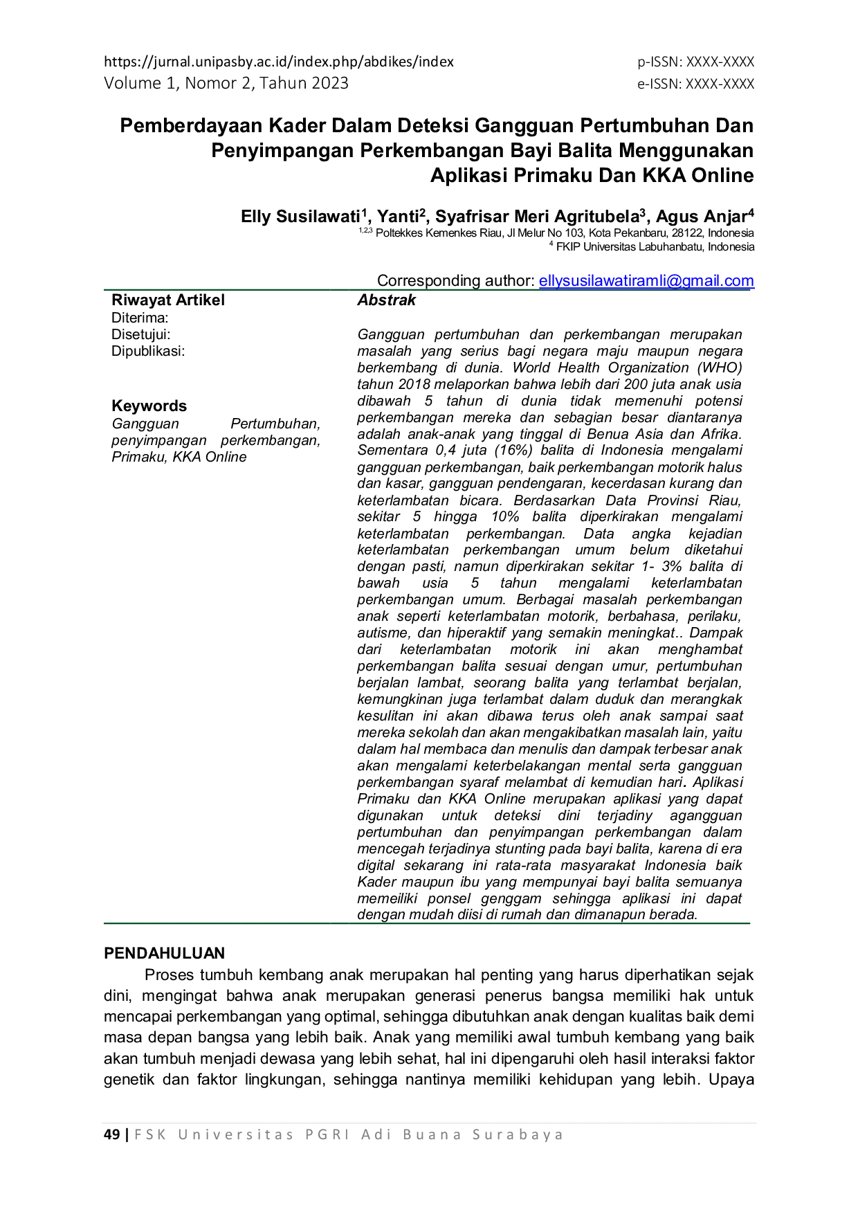 JURIS Pemberdayaan Kader Dalam Deteksi Gangguan Pertumbuhan Dan Penyimpangan Perkembangan Bayi Balita Menggunakan Aplikasi Primaku Dan KKA Online