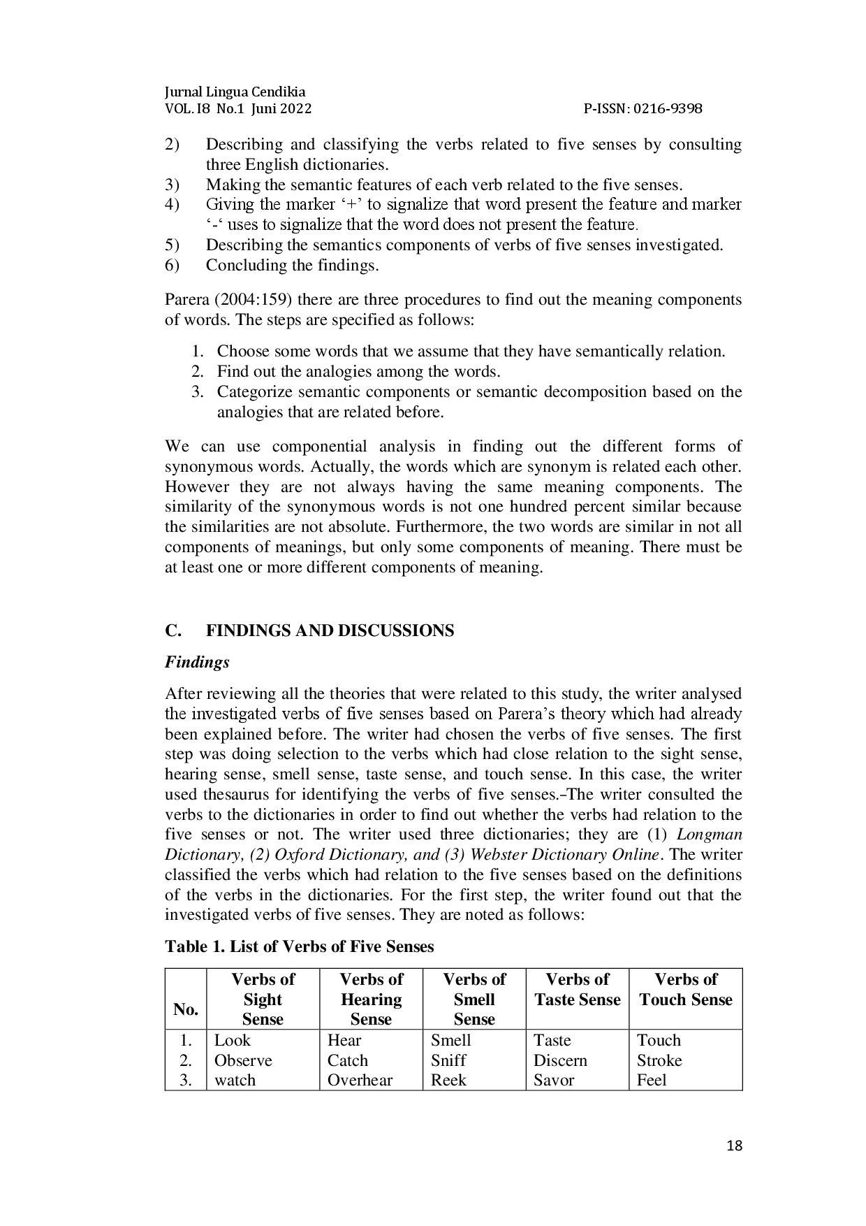 juris Componential Analysis of Verbs of Five Senses