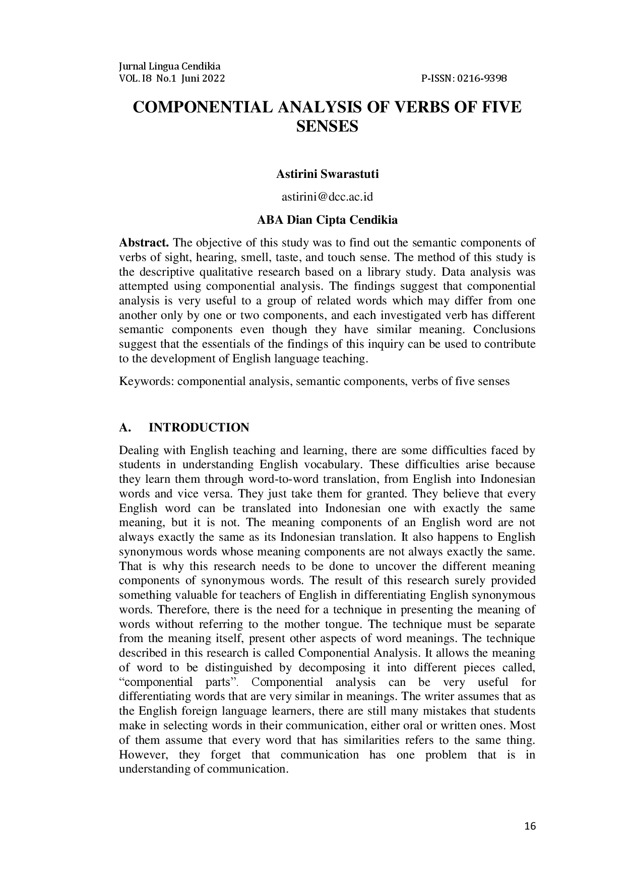 juris Componential Analysis of Verbs of Five Senses