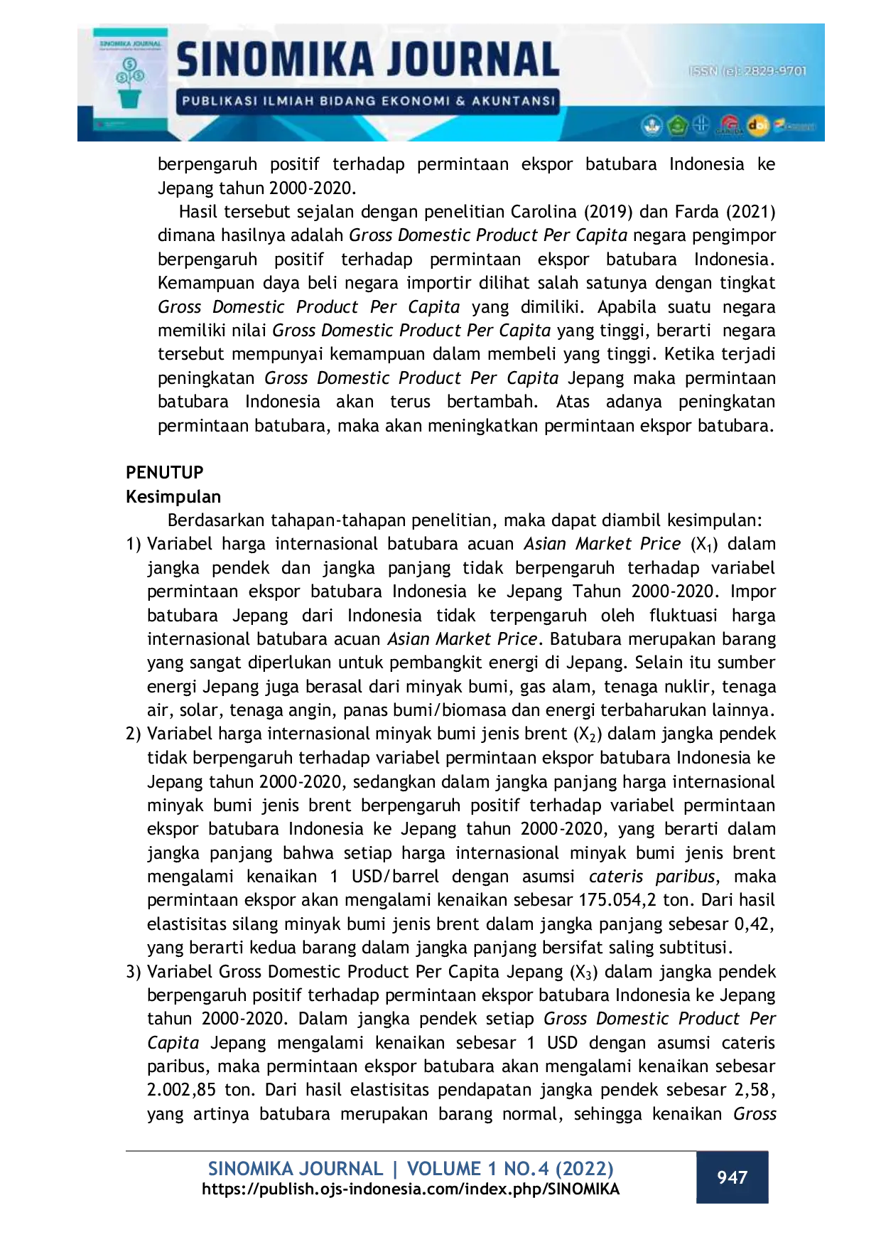 JURIS Pengaruh Harga Internasional Batubara Harga Internasional Minyak Bumi dan Gross Domestic Product Per Capita Terhadap Permintaan Ekspor Batubara Indonesia Ke Jepang Tahun 2000 2020